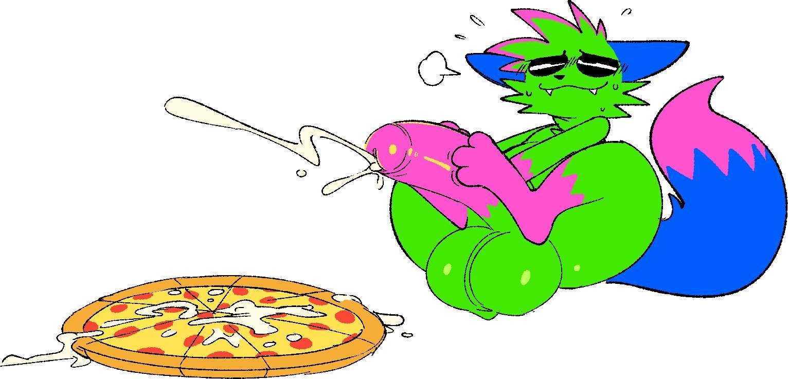 anthro, autofootjob, balls, big balls, big penis, big tail, blue ears, blue tail, cheek tuft, chest tuft, cloud emanata, cum, cum on food, cum on pizza, cumshot, ejaculation, emanata, food, food fetish, food play, foot fetish, foot play, footjob, furry, genitals, glistening, glistening balls, glistening body, glistening butt, glistening genitalia, green balls, green body, green fur, hyper, hyper penis, kevin (nyanwolf), looking pleasured, male, male only, masturbation, multicolored body, multicolored tail, nyanwolf, penile masturbation, penis, pepperoni pizza, pink penis, pizza, purple tail, solo, solo anthro, solo male, sweat, sweat emanata, sweaty, tuft
