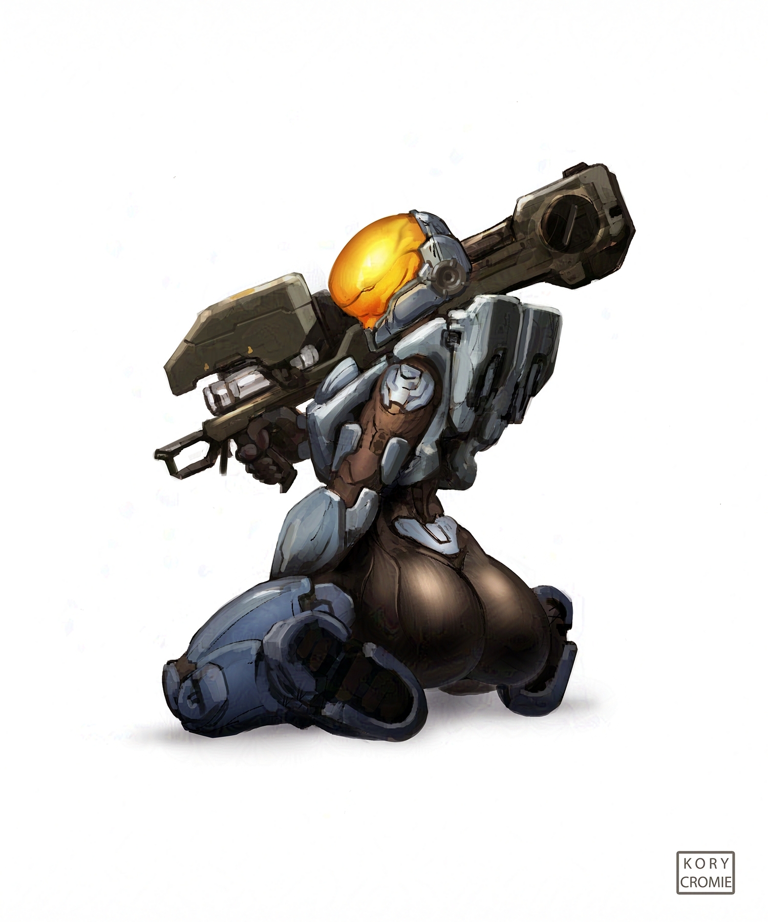 1girls, 343 industries, armor, ass, female, female only, female spartan (halo), halo (series), halo 5, helmet, holding weapon, kelly-087, kory cromie, large ass, power armor, simple background, spartan (halo), spartan ii (halo), thighs, white background