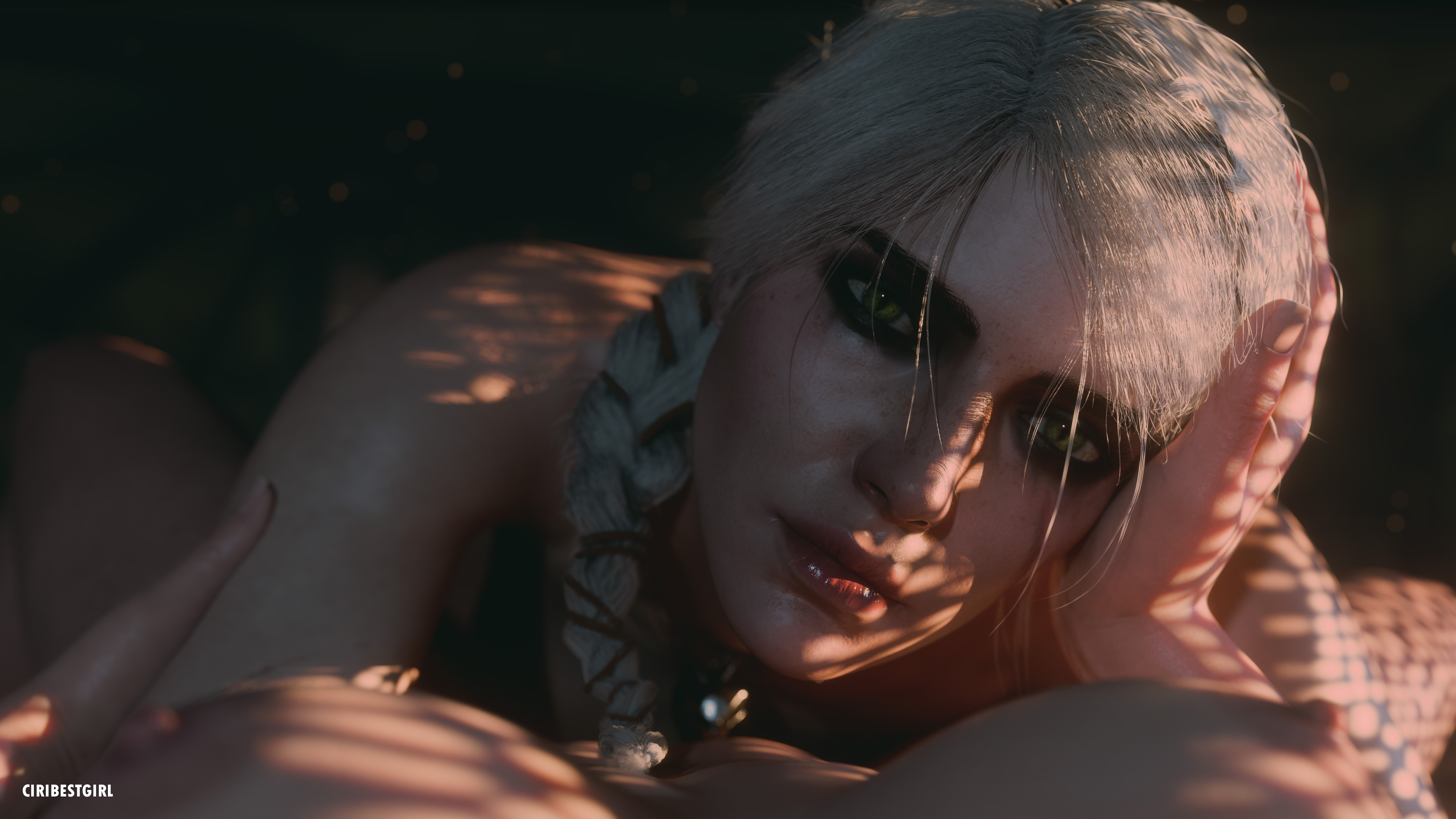 2girls, 3d, absurd res, anonymous female, breasts, cd projekt red, ciri, ciribestgirl, completely nude, female, female pov, freckles, green eyes, head grab, hi res, light-skinned female, looking at viewer, mascara, nipples, nude, pov, pov eye contact, romantic, scar, the witcher (series), the witcher 4, unseen female face, white hair, yuri