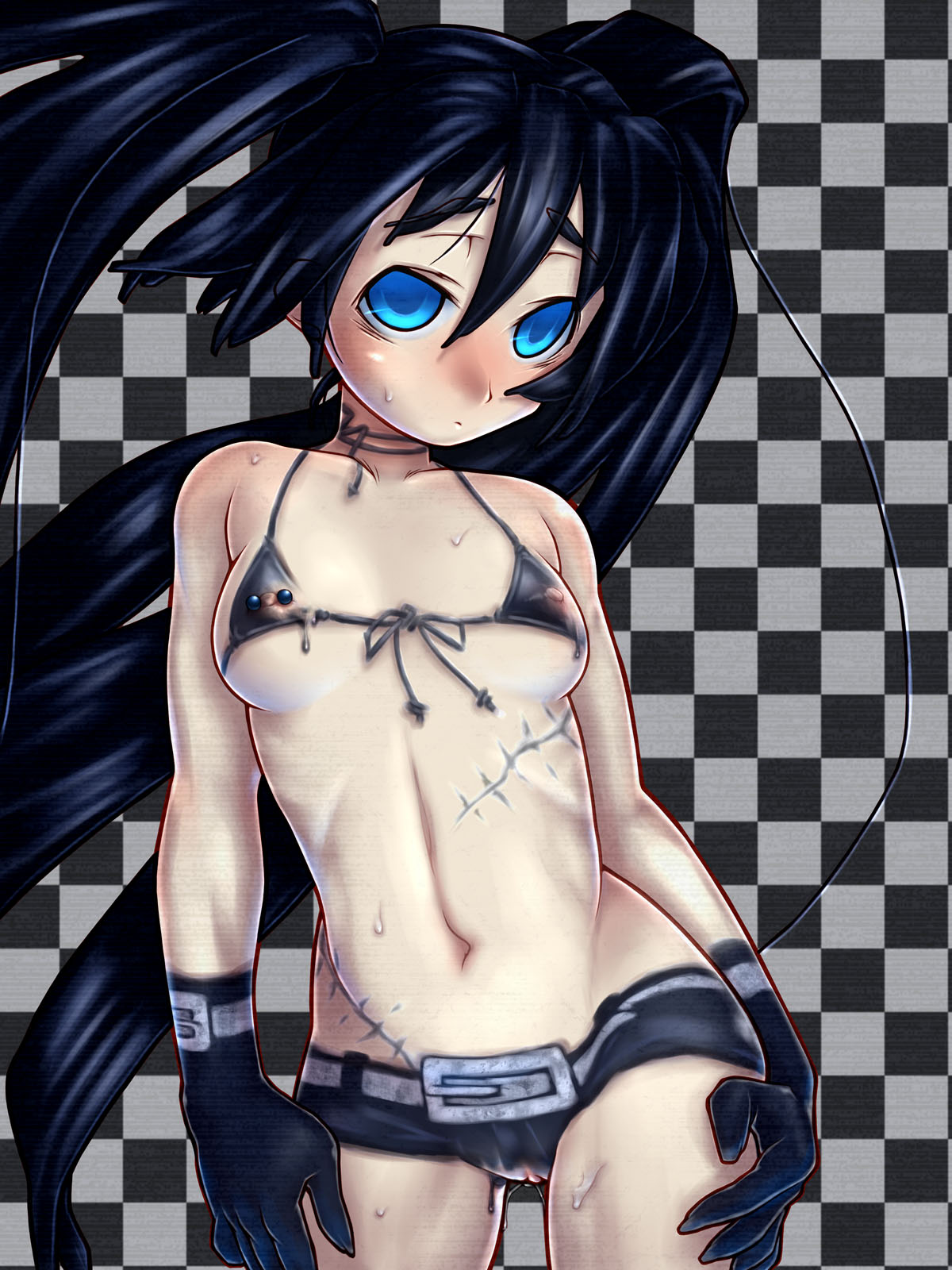 barbell_piercing black_hair black_rock_shooter black_rock_shooter_(character) blue_eyes bodypaint breasts checkerboard checkered female hand_on_hip highres hips long_hair navel nipple_piercing nipples nude painted_clothes piercing pussy raplus small_breasts solo stitches sweat tied_hair twintails uncensored very_long_hair