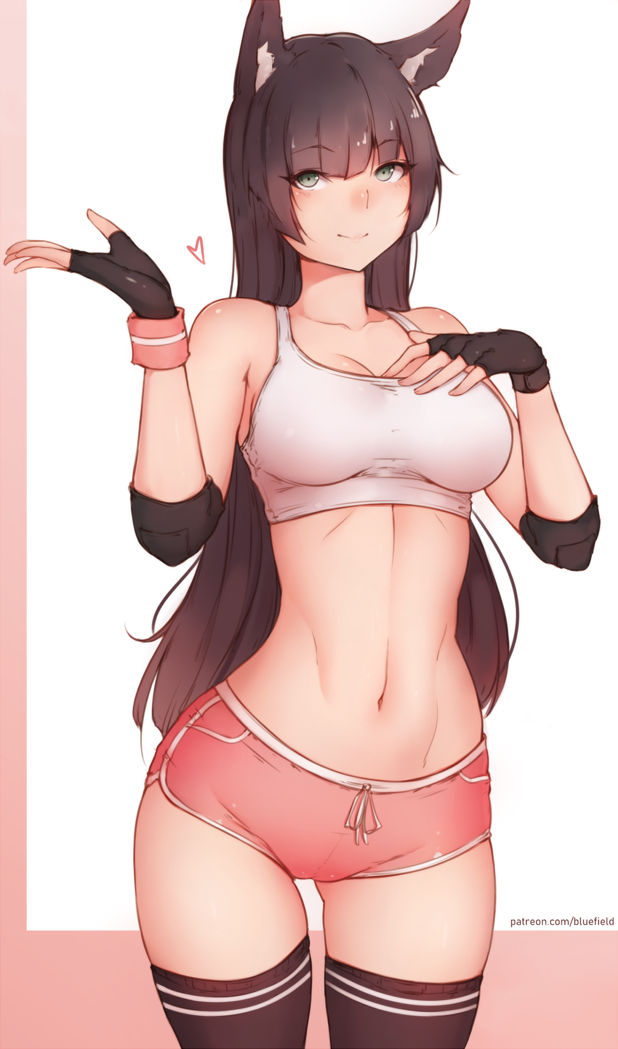 animal ears, bluefield, bra, breasts, cameltoe, cleavage, female, female only, fox ears, looking at viewer, pussy, shorts, solo, sports bra, thighhighs