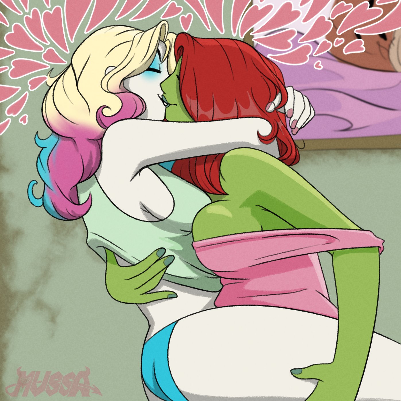 2024, 2girls, black lips, blonde female, blonde hair, blonde-haired female, blue eyeshadow, blue hair, closed eyes, dc, dc comics, eye makeup, eyeshadow, female, ghostmussa, ghostmussa (artist), green areola, green body, green lips, green skin, harley quinn, heart, heart symbol, impmussa, kiss on lips, kissing, mussa, photo reference, pink dress, pink hair, pink topwear, poison ivy, red hair, redhead female, redraw, topwear, two-tone hair, villain, white body, white skin, yuri