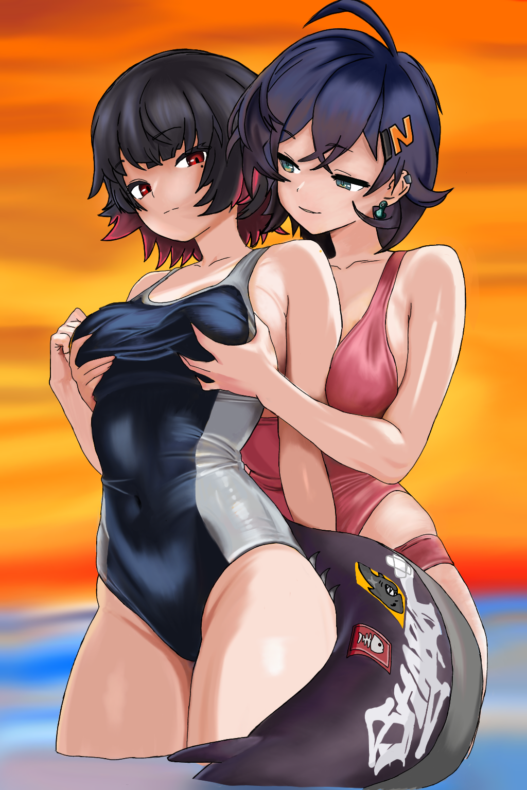 2d, 2d (artwork), 2girls, 8manartx, ahoge, animal humanoid, animal tail, belle (zenless zone zero), big breasts, black hair, blue hair, breast grab, breast grope, breasts, bust, busty, busty female, collarbone, competition swimsuit, curves, earring, ellen joe, evening, eye contact, eyebrows visible through hair, female, female focus, female only, female protagonist, fish humanoid, from behind, from behind position, grabbing, grabbing another's breasts, grabbing breasts, grabbing from behind, grope, groping, groping breasts, groping from behind, hands on another's breasts, hands on breasts, happy, happy female, hi res, high leg swimsuit, hoyoverse, human, human female, human on humanoid, humanoid, humanoid female, interspecies, interspecies yuri, large breasts, lesbian, light skin, light-skinned female, looking at another, looking at partner, mihoyo, mole, mole under eye, navel visible through clothes, no nude, no sex, one-piece swimsuit, partially clothed, red eyes, self upload, shark girl, shark humanoid, shark tail, slim waist, smile, smiling, smiling at partner, standing, swimsuit, swimsuit only, tail, thick, thick thighs, very high resolution, water, yuri, zenless zone zero
