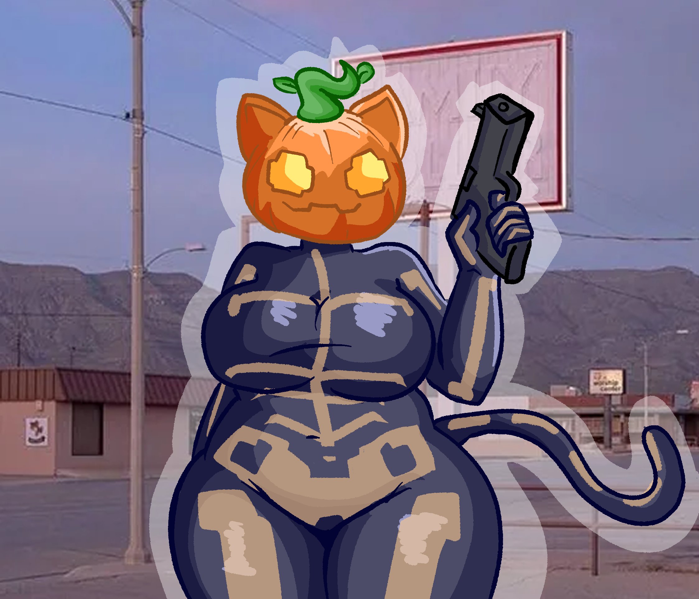 :3, 1girls, anthro, belly, belly button, breasts, cat ears, chetoh, chubby, chubby female, epic games, feline, female, female focus, female only, fortnite, fortnitemares, gun, halloween, hand on hip, holding gun, looking to the side, photo background, pumpkin, smile, smiling, spice (fortnite), stem, tail, thighs, yellow eyes