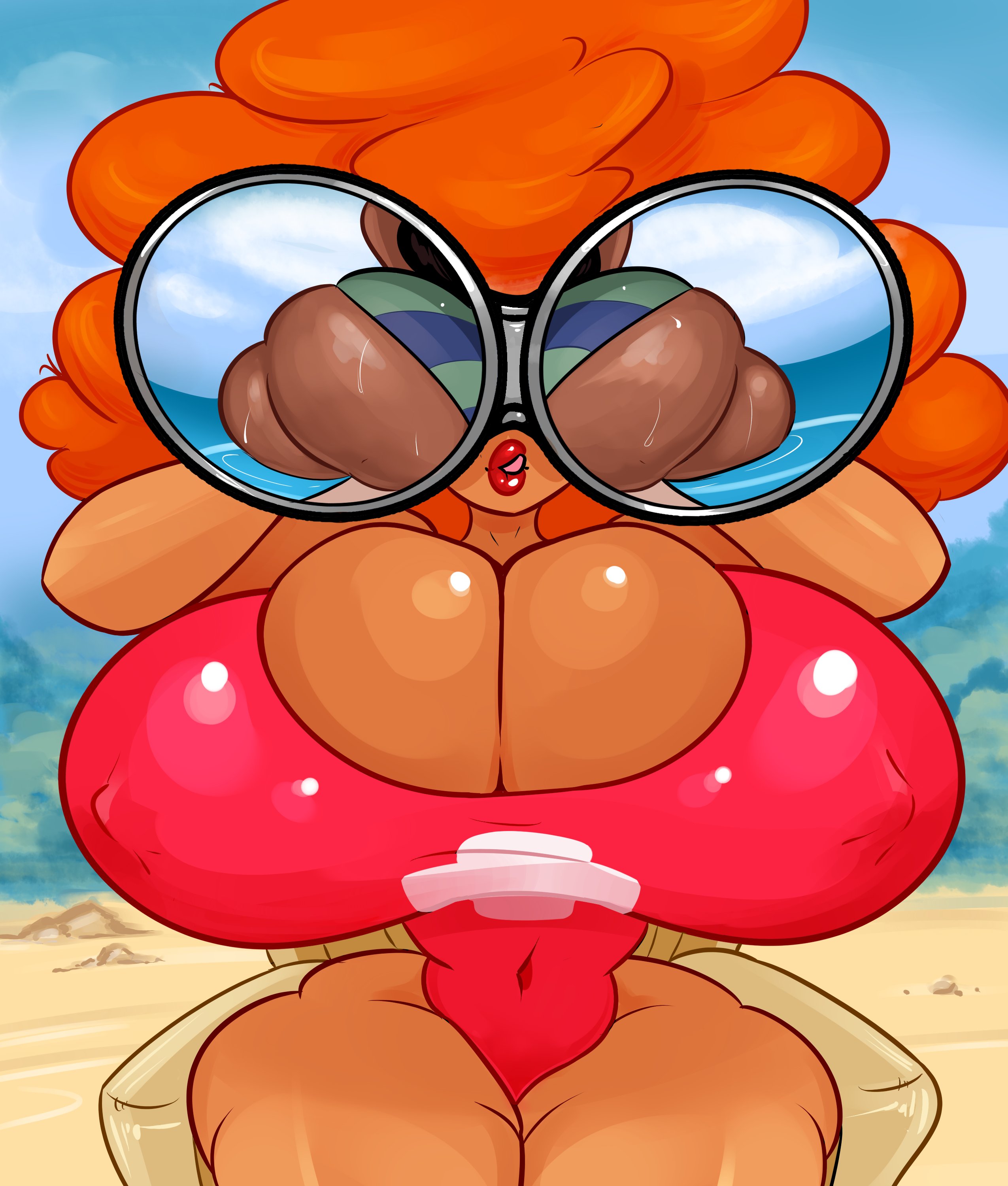2girls, ass, ass focus, auburn hair, big breasts, bikini, binoculars, breasts, cartoon network, cleavage, cleavage overflow, crossover, dark skin, dark-skinned female, disney, enormous breasts, female, female only, huge breasts, licking, licking own lips, lifeguard swimsuit, lilo and stitch, lipstick, nani pelekai, one-piece swimsuit, orange hair, powerpuff girls, sara bellum, swimsuit, thick thighs, ultimatez, uztweetys, voluptuous, voluptuous female, wide hips