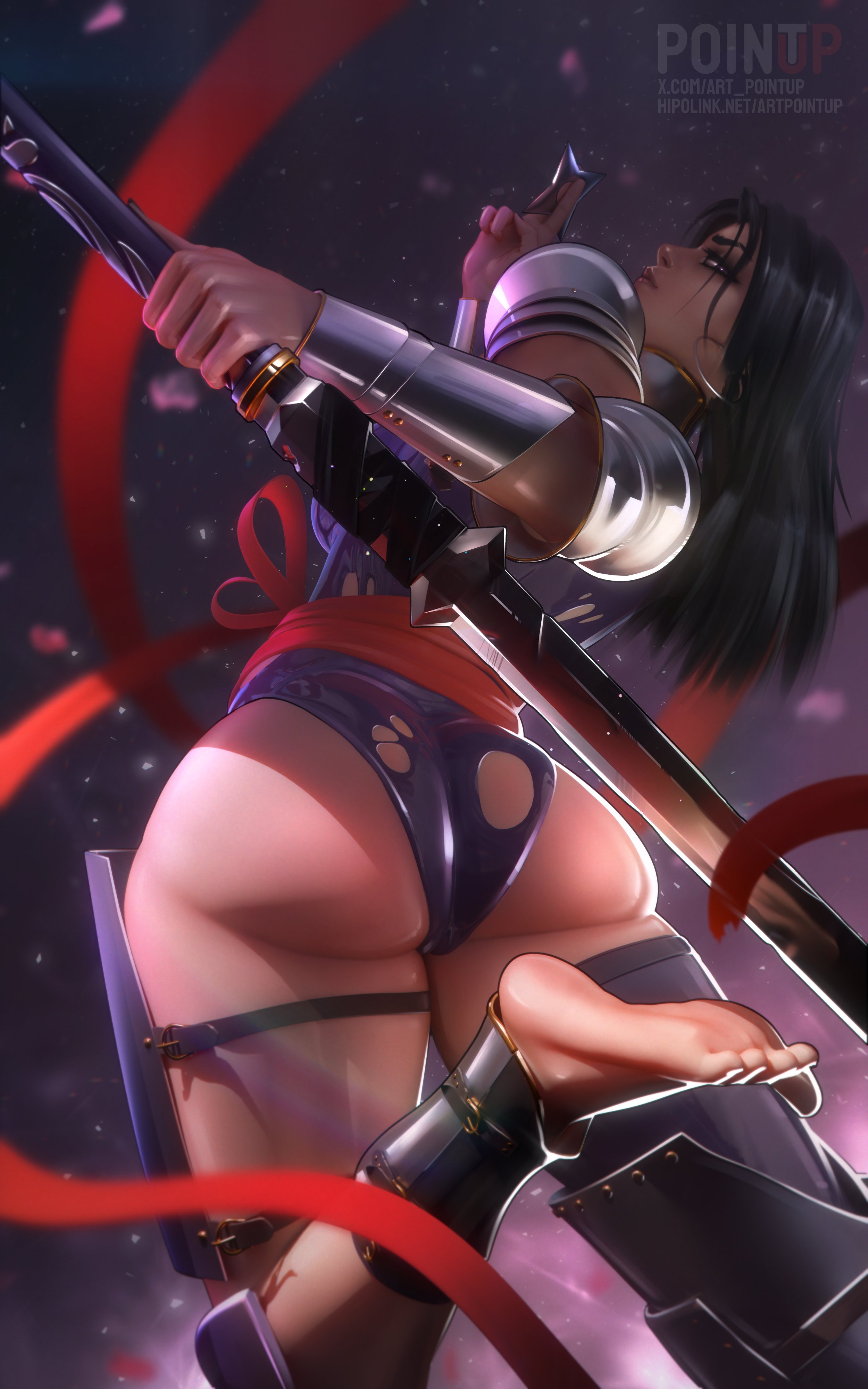 1girls, 3d, artpointup, ass, black hair, clothing, feet, female, hips, holding weapon, large ass, looking at viewer, looking back, looking down, marvel, marvel comics, marvel rivals, psylocke, psylocke (sai) (vengeance), solo, thick thighs, thighs, wide hips