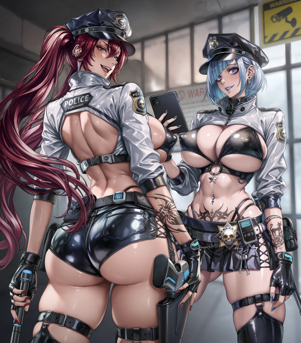 :d, 2girls, arm tattoo, ass, ass zipper, bikini, black bikini, black gloves, black hat, black shorts, black skirt, black thighhighs, blue eyeshadow, blue hair, blue lipstick, blue makeup, blue nail polish, blue nails, breasts, commentary, cowboy shot, diagonal bangs, ear piercing, english commentary, eyeshadow, female, fingerless gloves, gloves, gun, handgun, hat, holding, holding tablet pc, large breasts, lipstick, long hair, looking at viewer, looking back, makeup, micro shorts, miniskirt, mixed-language commentary, multiple females, multiple girls, nail polish, navel, navel piercing, open mouth, original, parted lips, piercing, police, police uniform, pubic tattoo, purple eyes, red eyeshadow, red hair, red lipstick, red makeup, red nail polish, red nails, sadakage, shirt, short hair, shorts, skindentation, skirt, smile, standing, stomach, swimsuit, tablet pc, tattoo, thigh strap, thighhighs, thighs, tongue piercing, twintails, underboob, weapon, white shirt
