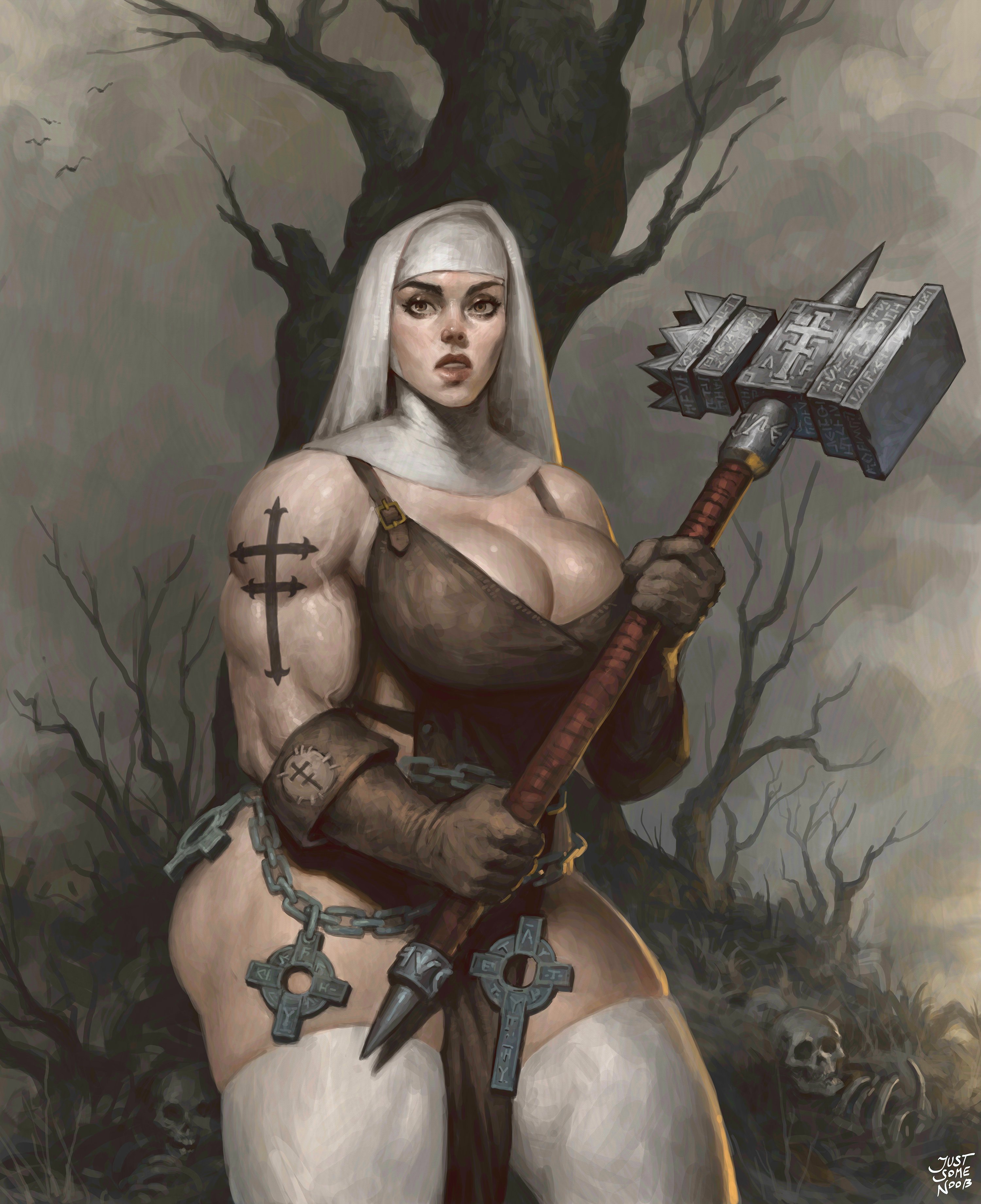 armor, armored female, artistic, artistic nude, artistic nudity, bare arms, bare thighs, battle, biceps, big breasts, blood, blood stain, breasts, curvaceous, curvaceous female, curvaceous figure, curvy, curvy body, curvy figure, curvy hips, female, female only, fight, hammer, holding object, holding weapon, hourglass figure, hourglass figured female, huge breasts, justsomenoob, muscular, muscular female, nonsexual, nonsexual nudity, nun, nun habit, nun hat, nun outfit, nun's habit, original, original character, partially clothed, revealing clothes, solo female, stockings, stocks, strong female, tasteful, tasteful nudity, tattoo, tattoos, toned, toned female, voluptuous, voluptuous female, warrior, wide hips