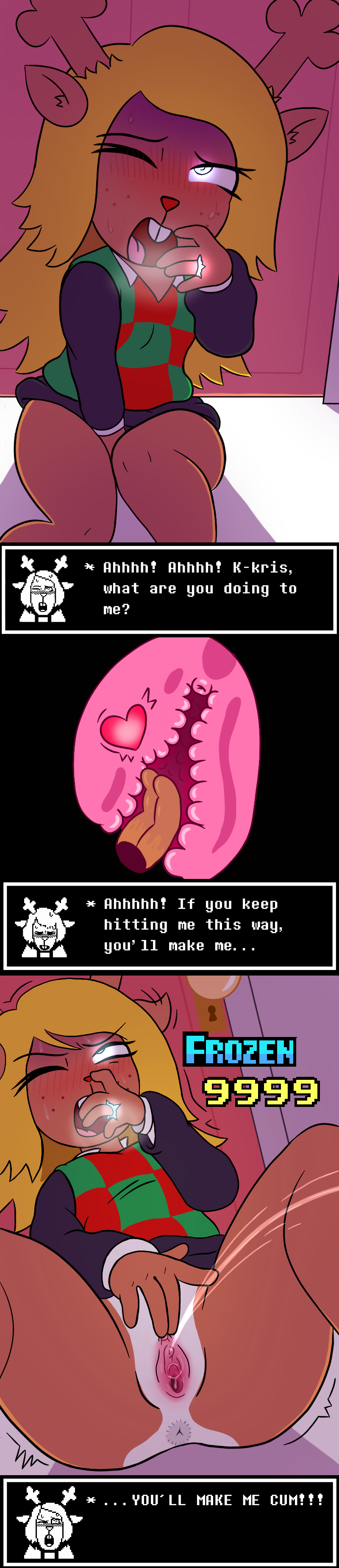 1girls, 2d, anthro, anthro female, brainwashing, comic, corruption, deer, deer girl, deltarune, deltarune chapter 4, dialogue, dialogue box, english, english dialogue, english text, female, female masturbation, fingering, game ui, internal, masturbation, noelle (deltarune), noelle holiday, noelle holiday (light world form), skirt, snowgrave, solo, squirting, status effect, tagme, tall image, text, thorn ring, undertale (series)