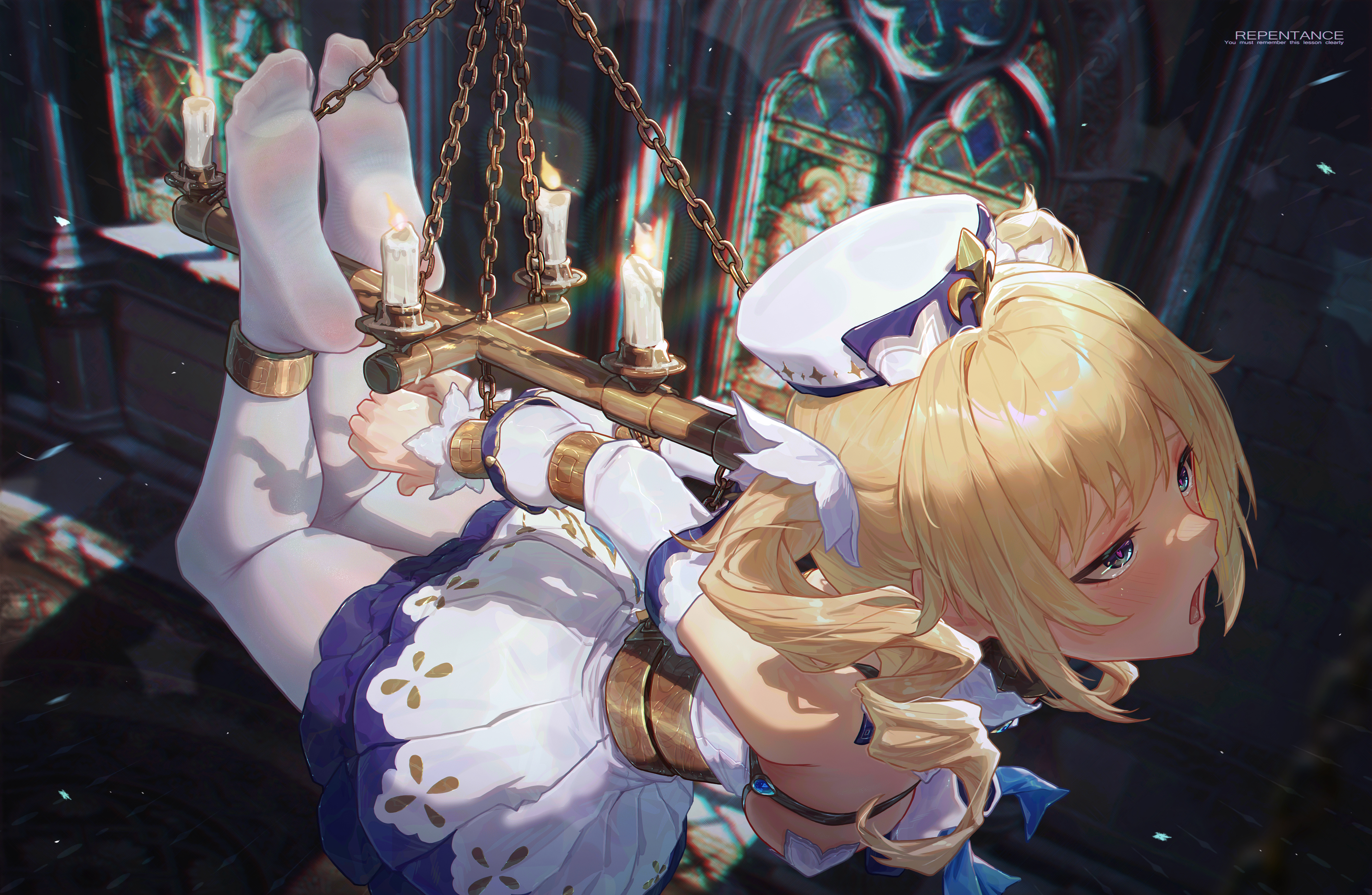 arms behind back, barbara (genshin impact), blonde hair, blue eyes, blush, bondage, bound, bound ankles, bound arms, bound wrists, detached sleeves, dress, drill hair, feet focus, female, genshin impact, hat, heart-shaped pupils, highres, icecake, indoors, long hair, long sleeves, no shoes, open mouth, pantyhose, restrained, sailor hat, soles, solo, toes, twin drills, twintails, white dress, white pantyhose, white sleeves