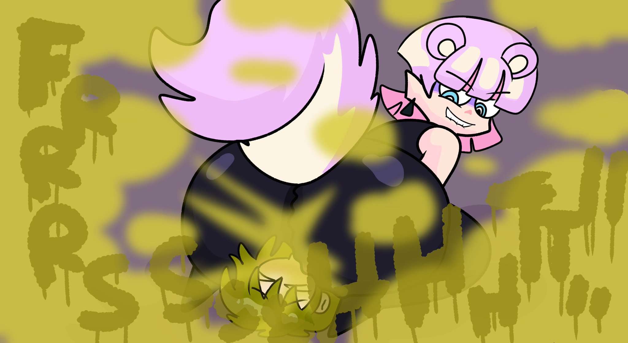 2020s, 2025, 2boys, angel, biting lip, black clothing, black earrings, blue eyes, blush, brappycatty, closed eyes, commissioner upload, digital drawing (artwork), digital media (artwork), earrings, enjoying, enjoying farts, facesitting, fart, fart cloud, fart fetish, farting in face, farting on another, gay, green hair, huge ass, huge butt, human, kemonomimi, male, male fart, male only, oc x canon, onomatopoeia, original character, panty & stocking with garterbelt, pink ears, pink eyes, pink hair, pink tail, polyurethane (psg), round ears, shaded, skunk, skunk boy, skunk tail, sleeveless shirt, striped tail, sunniefunnie, supersunnieultra, tail, two tone tail, white tail, yellow fart
