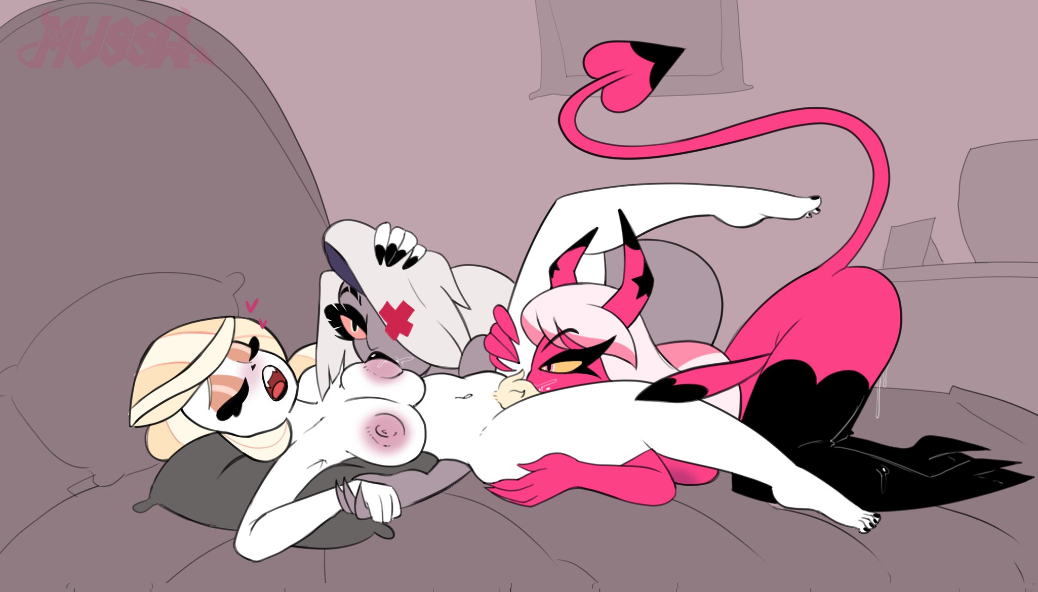 2022, 3girls, barefoot, black lips, blonde female, blonde hair, blonde pubic hair, breasts, charlie morningstar (hazbin hotel), cunnilingus, demon, demon girl, demon horns, demon tail, dripping pussy, feet, female, ghostmussa, ghostmussa (artist), grey body, hazbin hotel, helluva boss, holding hands, impmussa, mussa, nude, nude female, oral, oral sex, pink body, pink skin, pussy, succubus, sucking breasts, vaggie (hazbin hotel), verosika mayday (helluva boss), yellow sclera, yuri