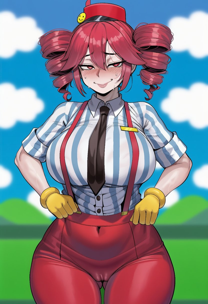 1girls, ai generated, ass, ass visible from the front, ass visible through thighs, belly, big ass, big breasts, big thighs, blouse, blush, blush lines, blushing profusely, bottom heavy, breasts, breasts bigger than head, cameltoe, curvaceous, curvy, curvy female, curvy figure, fat ass, fat mons, fat pussy, fat thighs, female, female only, gloves, hands on hips, hat, high waisted pants, high-waist pants, hips wider than shoulders, horny, horny female, hourglass figure, huge ass, huge breasts, huge hips, huge thighs, kasane teto, kasane teto (sv), large ass, large breasts, large hips, large thighs, lips, looking at viewer, massive breasts, massive thighs, mesmerizer (vocaloid), mesmerizer teto, musk, musk clouds, mv character, navel, navel visible through clothes, necktie, plump, plump ass, plump camel toe, plump labia, plump lips, plump pussy, plump thighs, pussy, pussy lips, red eyes, red hair, seductive, seductive look, seductive smile, shirt, silkslop, skin tight, slim waist, smile, solo, solo female, steam, steaming body, steamy breath, striped shirt, suspenders, sweat, sweating, synthesizer v, thick thighs, thigh gap, thighs, tight clothing, tight pants, tight shirt, top heavy, twin drills, utau, vagina, voluptuous, voluptuous female, wet, wet clothes, wide hips