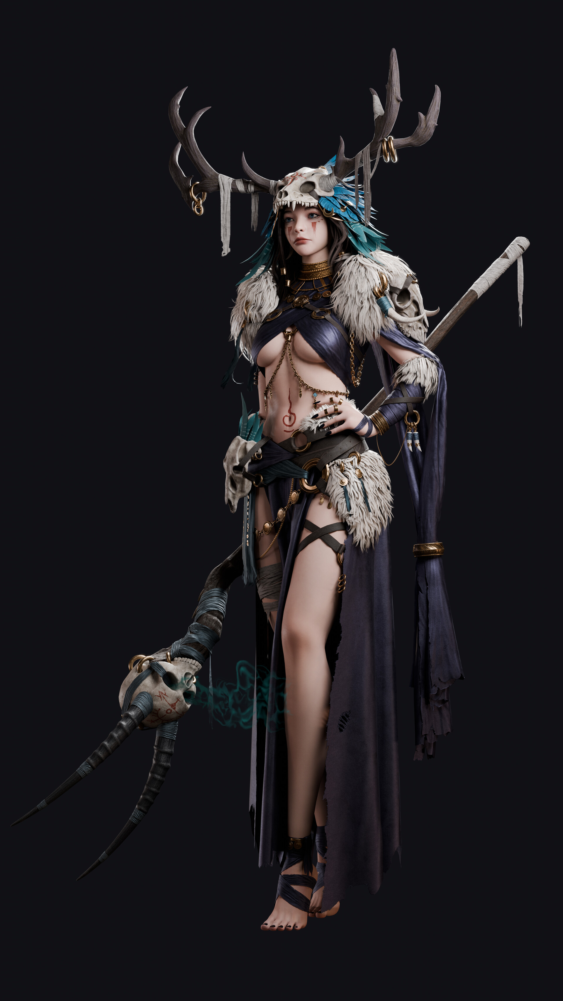 1girls, 3d, 3d model, 3d render, antlers, blender, blender (software), breasts, cgi, cleavage, clothed, erotic, face markings, facial markings, feathers, feet, female, female human, fur, fur trim (clothing), harok lee, high quality, high resolution, highres, horns, human shaman, jamesfisher, jewelry, pagan, paganism, primal, seer, sexy, sexy body, shaman, shamaness, shamanic, tattoo, tattoos, tribal, tribal clothing, tribal female, tribal jewelry, tribal markings, tribal outfit, tribal paint, tribal spellcaster, tribal tattoo, tribal tattoos, under boob, underboob, unreal engine, witch