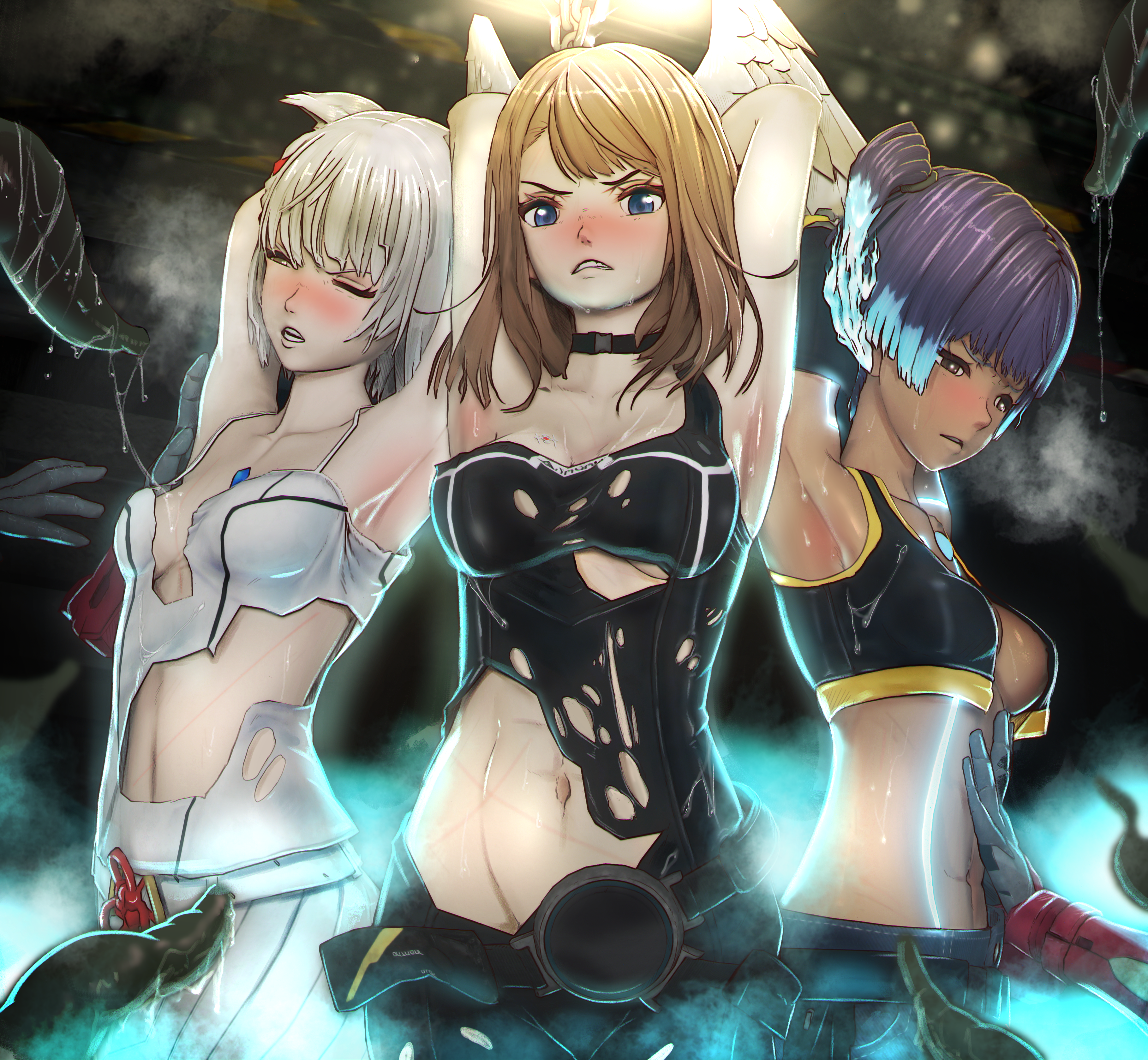3girls, angry, armpit, armpits, black hair, blonde hair, blush, breasts, captured, captured heroine, chained, chains, choker, cleavage, clenched teeth, core crystal, dark skin, dark-skinned female, defeated, defeated heroine, dirty blonde hair, eunie (xenoblade), female, hand on stomach, head wings, imminent rape, light skin, light-skinned female, medium breasts, mio (xenoblade), monster, multicolored hair, multiple females, multiple girls, navel, open clothes, parted lips, party wipe, sena (xenoblade), shackles, shiny skin, steam, sweat, tank top, tentacle, torn clothes, wardrobe malfunction, wet skin, white hair, wings, wings on head, xelandis, xenoblade (series), xenoblade chronicles 3