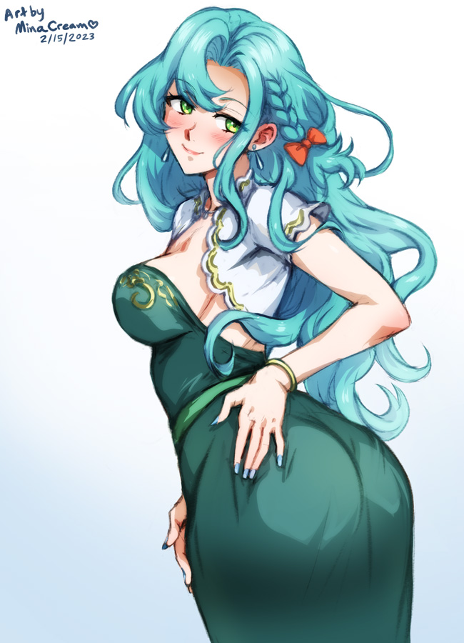 1girls, 2023, aqua hair, armor, ass, ass focus, back, big ass, blue hair, blush, braid, breasts, chloe (fire emblem), detached sleeves, dress, english commentary, female, female only, fire emblem, fire emblem engage, green eyes, hand on ass, huge ass, large breasts, long hair, looking at viewer, looking back, minacream, nintendo, presenting, short sleeves, side braid, sideboob, smile, solo, strapless, strapless dress, very long hair