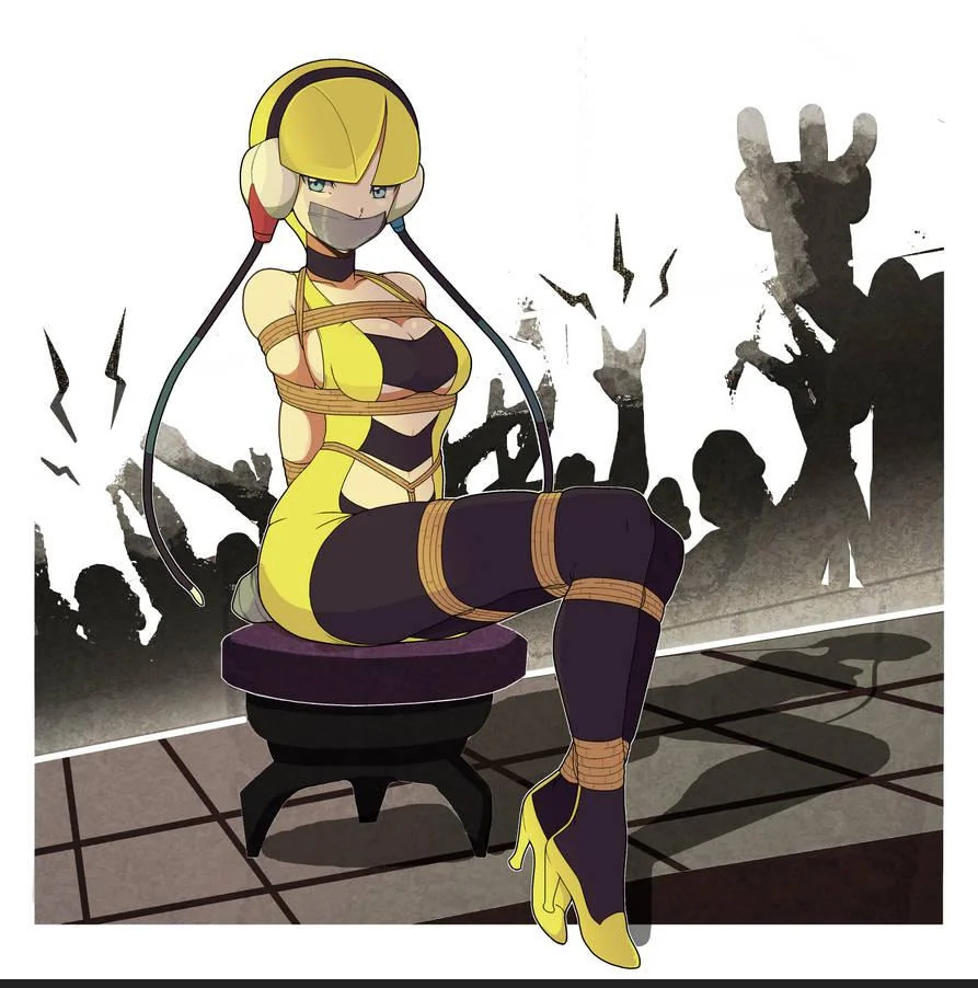 1girls arms_behind_back audience bondage breasts elesa_(pokemon) elesa_(pokemon_bw) female high_heels human looking_at_viewer pokémon pokemon restrained rope_bondage solo_focus tape_gag tiedtiki