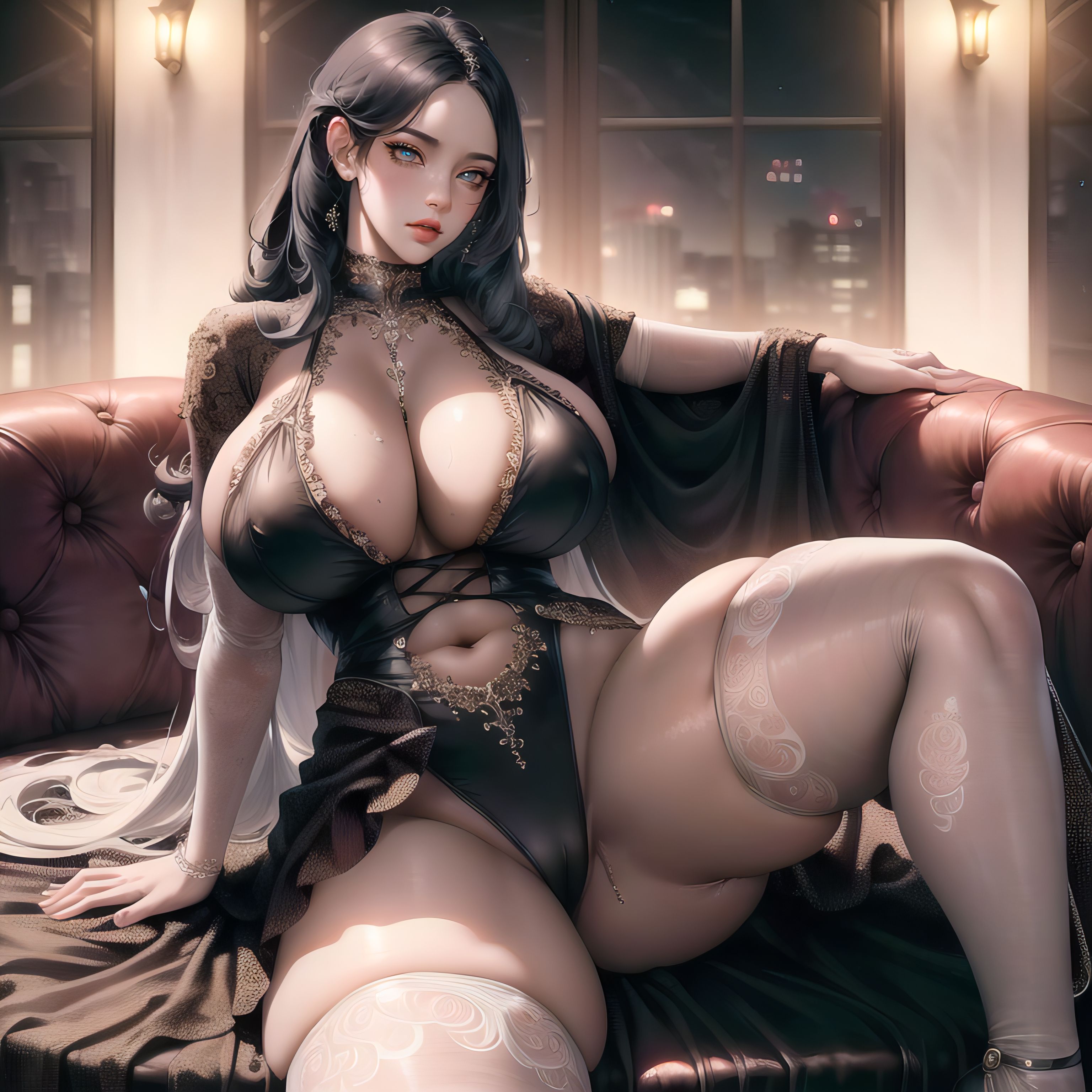 1girls, ai generated, black hair, breasts, curvaceous, curvy body, curvy female, curvy figure, dress, female, hi res, huge breasts, legwear, lingerie, long hair, looking at viewer, noblewoman, seductive look, solo, solo female, stable diffusion