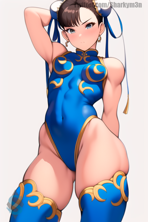 ai_generated armpits arms_behind_back arms_behind_head bodysuit chun-li non-nude sharkym3n small_breasts straight_hair street_fighter thick_thighs