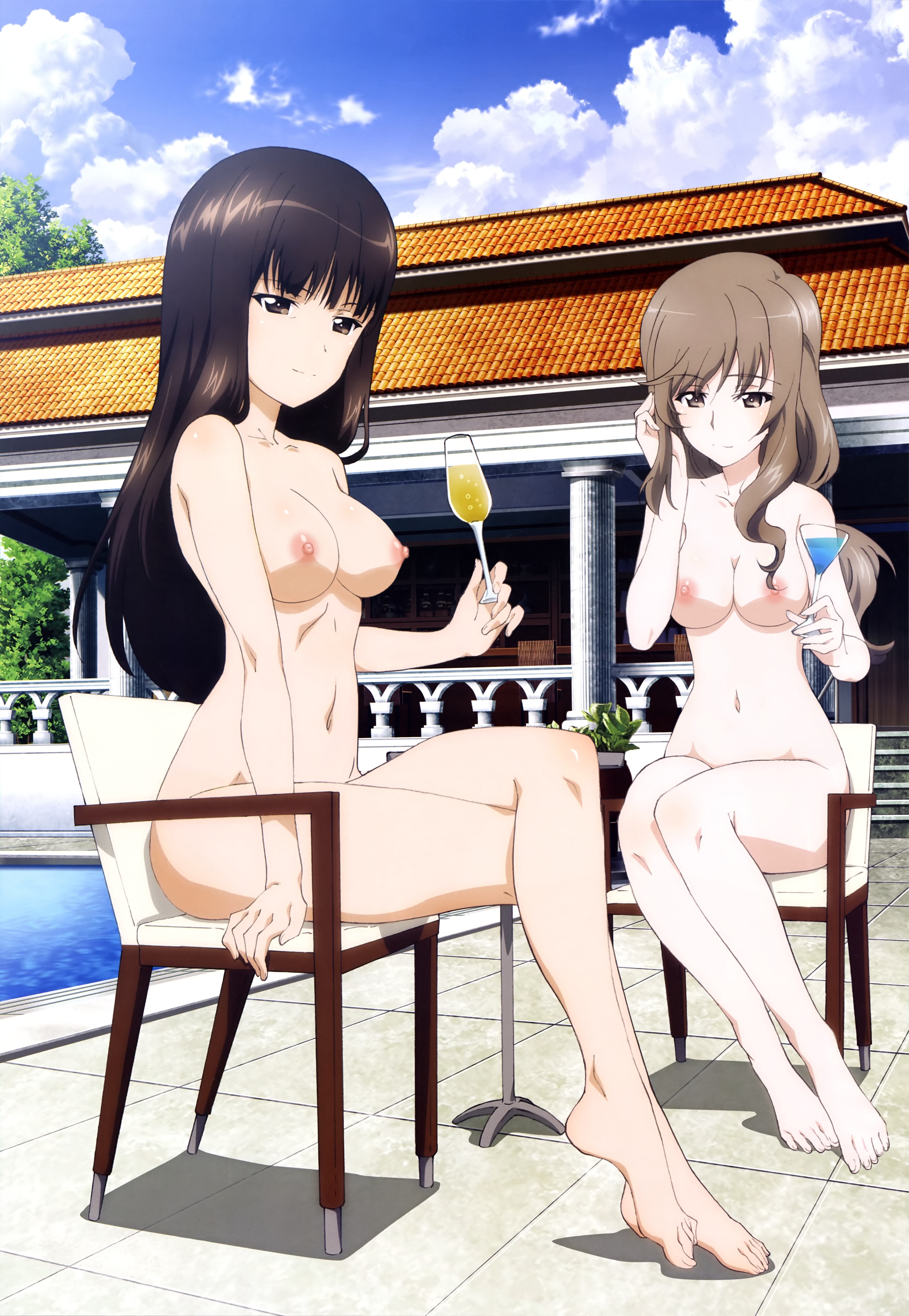 2girls, alcohol, alcoholic drink, black hair, blue sky, breasts, brown eyes, brown hair, chair, clavicle, clouds, completely nude, crossed legs, day, edit, edited, feet, female, female only, girls und panzer, happy, hips, holding glass, legs, long hair, mature, mature female, medium breasts, milf, mother, multiple females, multiple girls, navel, nipples, nishizumi shiho, nude, nude edit, nude filter, outdoor nudity, outdoors, outside, pool, poolside, public, public nudity, shimada chiyo, shiny hair, sitting on chair, smile, swimming pool, thighs, third-party edit, tiles, tropical drink, wang guo nian, water