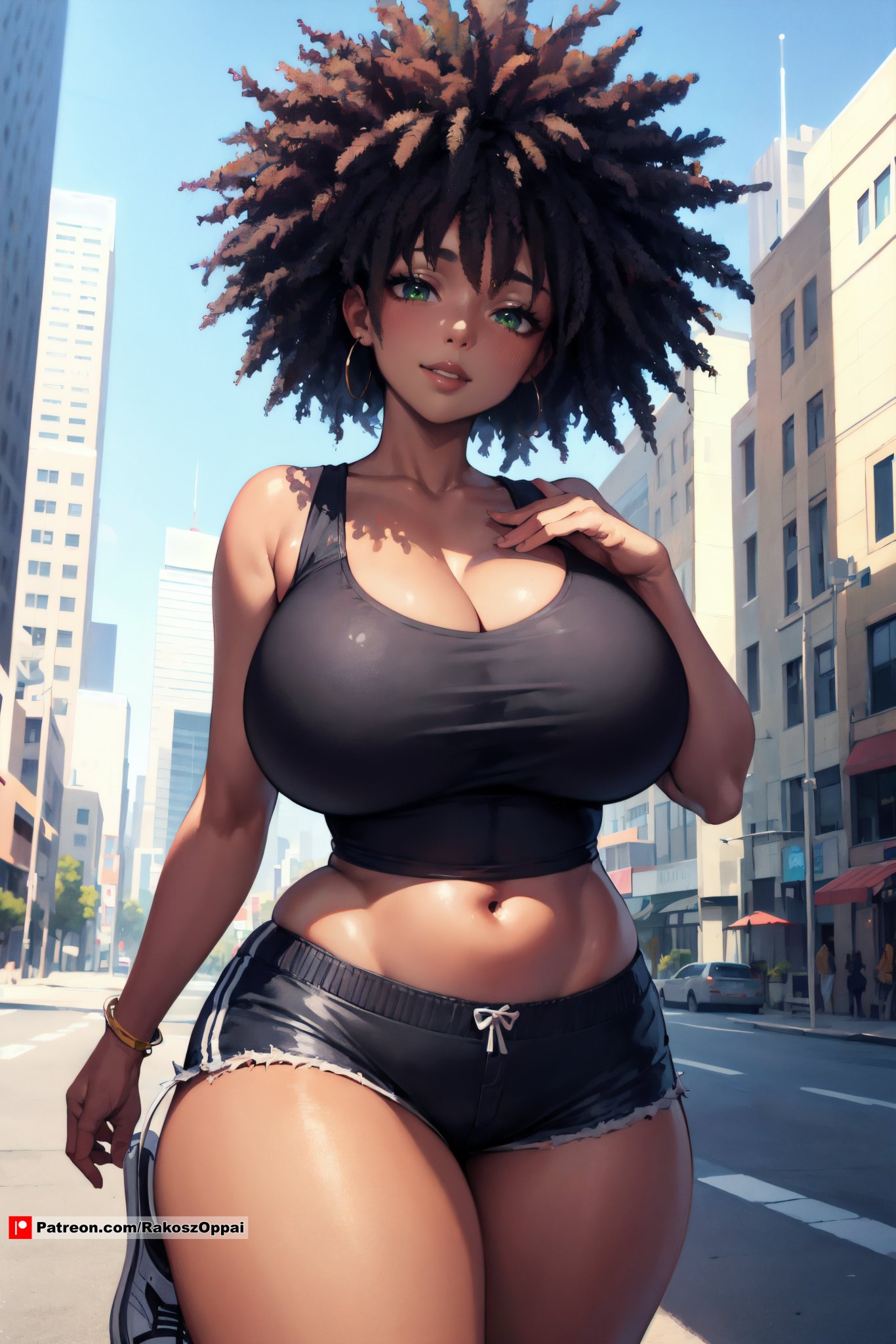 1girls, ai generated, black hair, breasts, curvy body, curvy female, curvy figure, dark skin, female, green eyes, hi res, huge breasts, milf, rakosz oppai, seductive look, solo, solo female, stable diffusion, voluptuous, voluptuous female