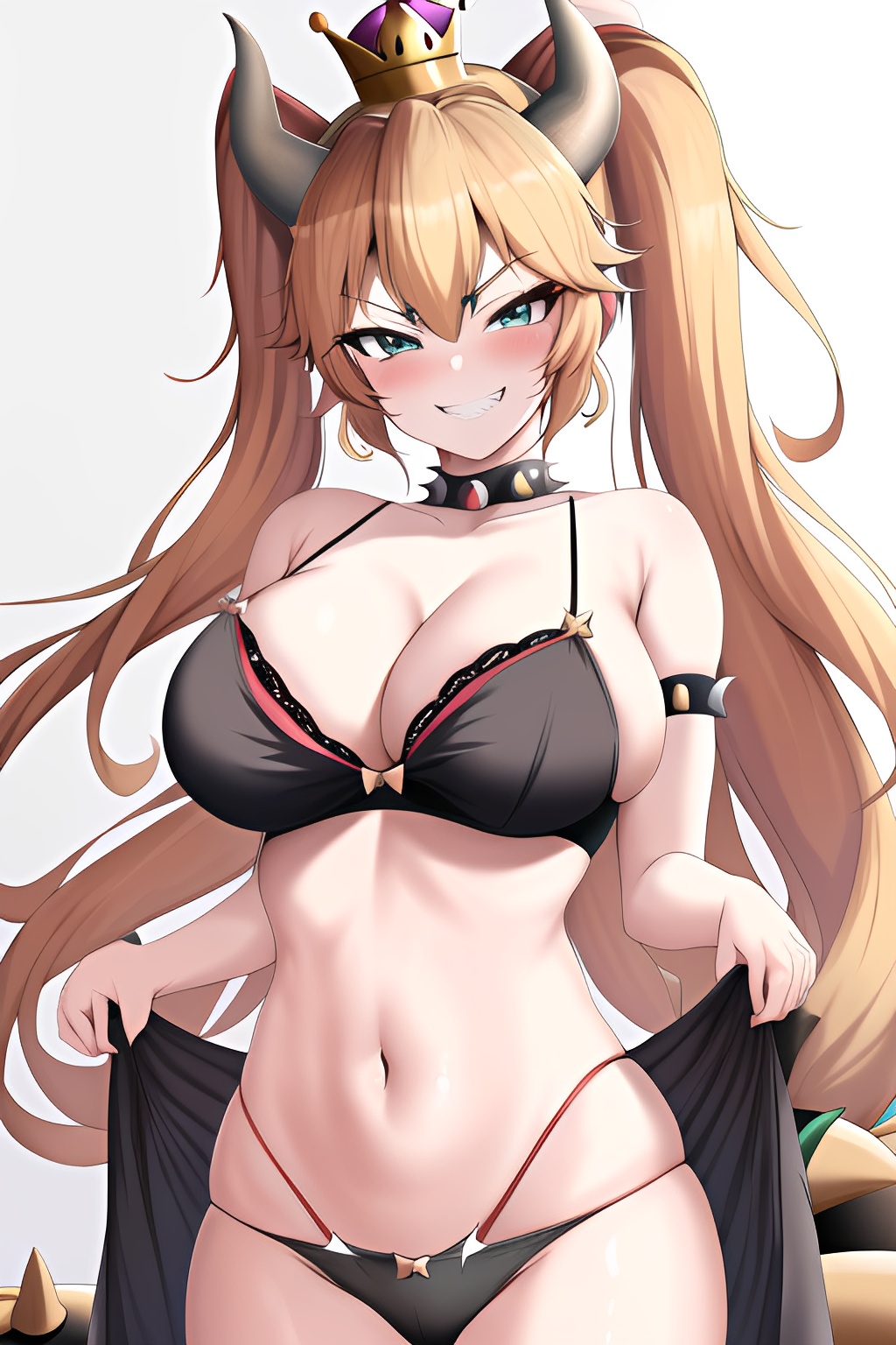 1girls, ai generated, blonde hair, blue eyes, bowsette, bra, breasts, female, female only, grin, mario (series), new super mario bros. u deluxe, panties, pussy, solo