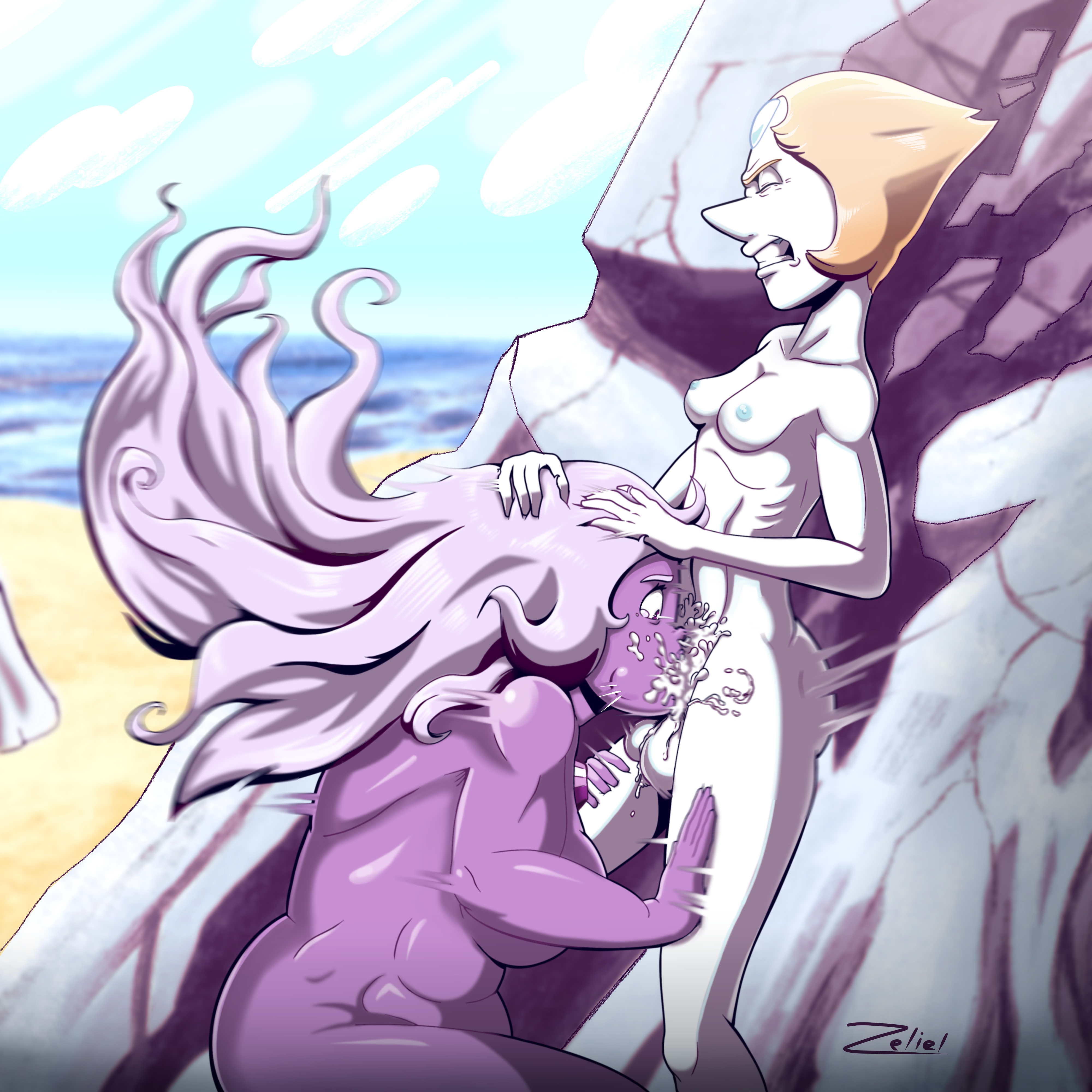 amethyst (steven universe), blowjob, cartoon network, cum in mouth, deepthroat, face fucking, fellatio, female, futa with female, futanari, gagging, gem (species), intersex, pearl (steven universe), steven universe, throat fuck, zeliel