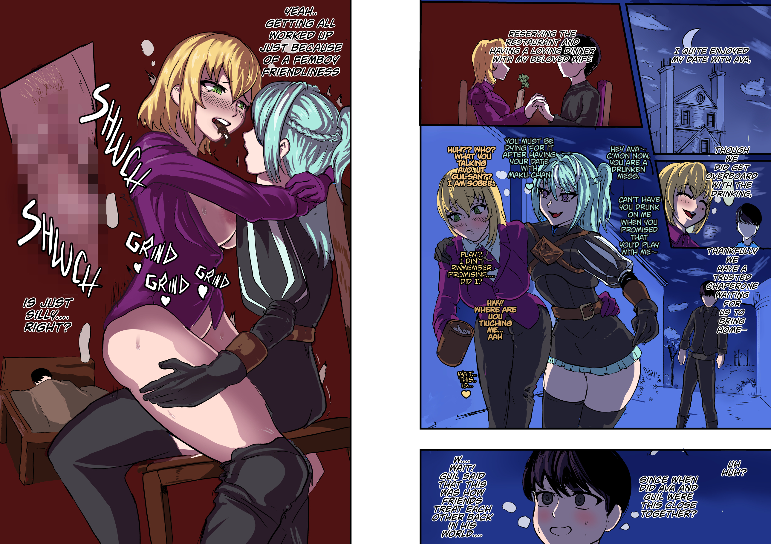 1girls, 2boys, breasts, censored, cheating, cucked by femboy, cuckold, dialogue, drunk, english text, female, femboy, femboy on female, femboydom, femsub, ichigsm, large breasts, legwear, male, maledom, netorare, ntr, pussy, straight, text, thick thighs, topwear, vaginal penetration