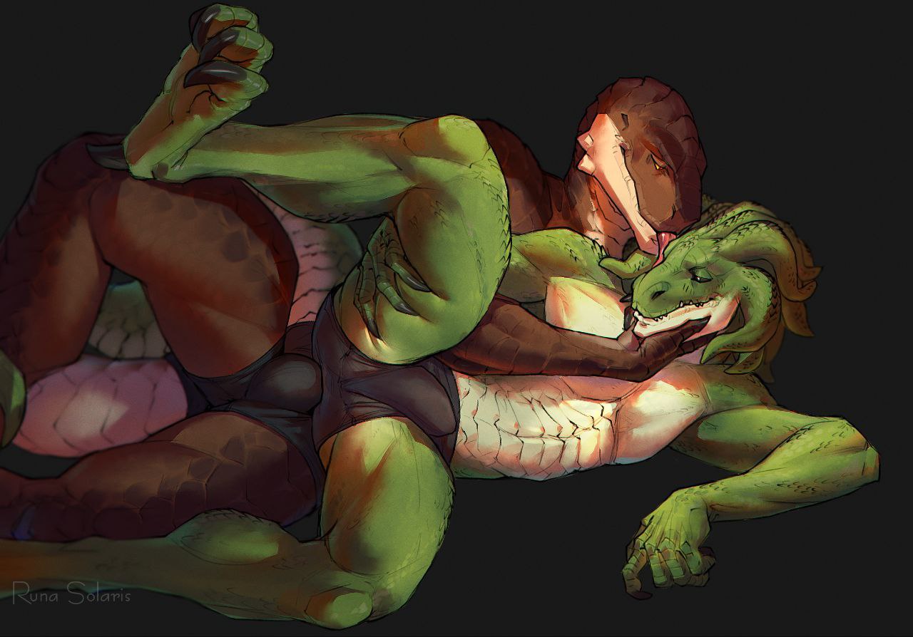 2023 4_toes 5_fingers anthro anthro_on_anthro clothed clothing digital_media_(artwork) feet fingers green_body green_scales lizard male male/male reptile runasolaris scales scalie smile toes