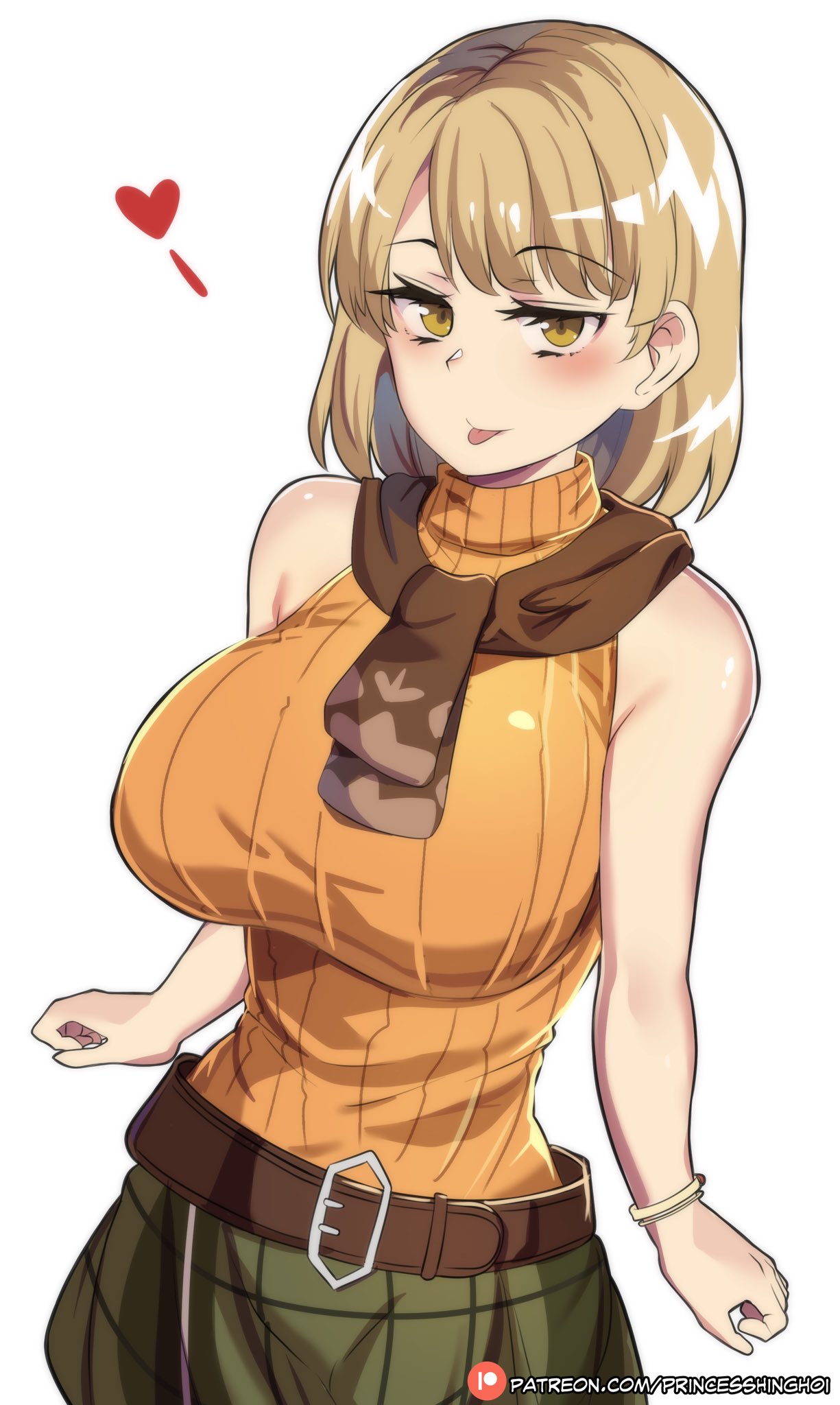 1girls, ashley graham, ashley graham (brooke elizabeth mathieson), bare shoulders, big breasts, blonde hair, blonde-haired female, breasts, clothed, clothes, clothing, female, female only, fully clothed, heart, hinghoi, human, human only, large breasts, resident evil, resident evil 4, scarf, skirt, solo, solo female, sticking out tongue, yellow eyes
