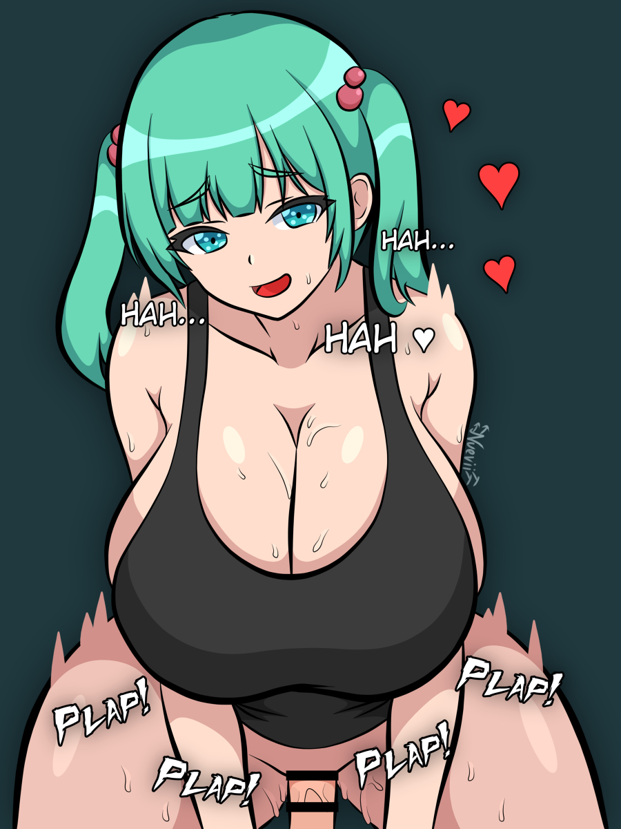 1boy 1girls blue_eyes blue_hair breasts female huge_breasts nitori_kawashiro nuevii penis sex tank_top touhou