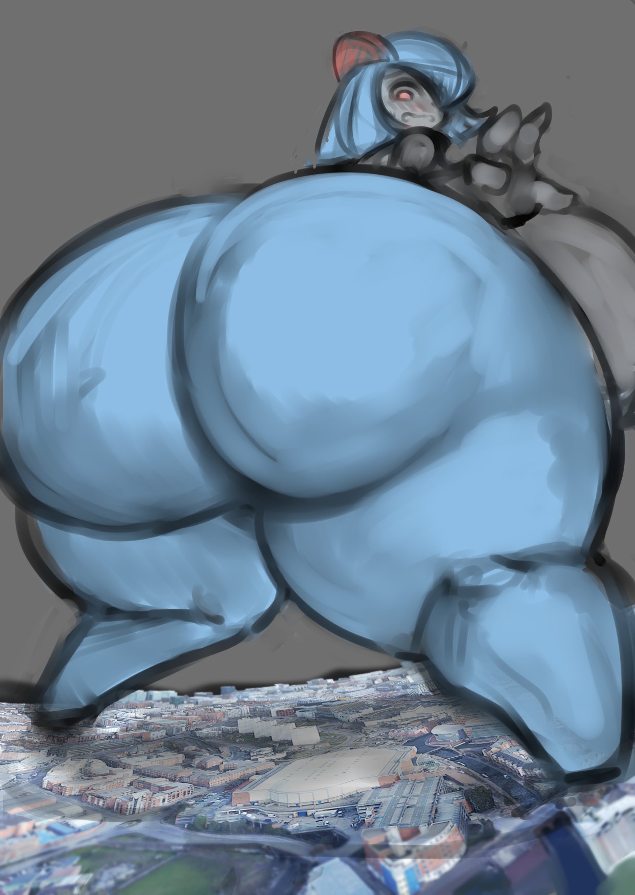 ass, big breasts, blushing, breasts, ellia (yboon), female, giantess, gigantic breasts, gipehtyboon, huge breasts, hyper ass, kirlia, macro, pokémon (species), pokemon, pokemon (species), thick thighs, yboon