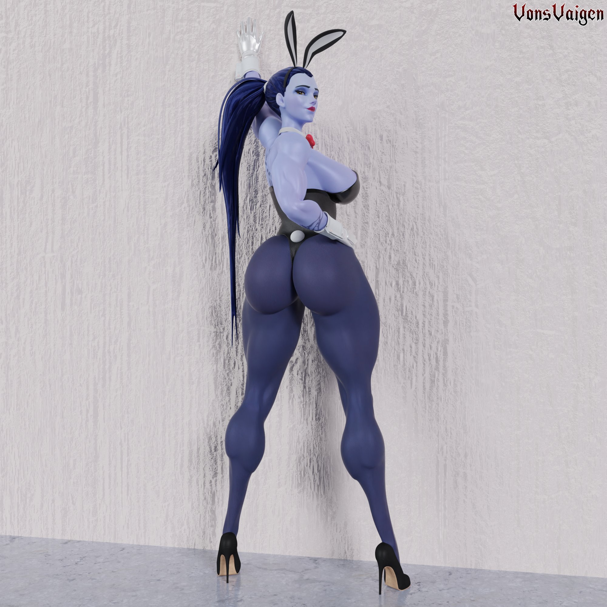 1girls, 3d, abs, amelie lacroix, ass, big ass, big breasts, blizzard entertainment, bowtie, breasts, bunny ears, bunny girl, bunny tail, bunnysuit, easter, female, female only, fit, fit female, heels, high heels, looking at viewer, muscular, muscular female, overwatch, overwatch 2, purple skin, solo, tattoo, thick thighs, vonsvaigen, wide hips, widowmaker, yellow eyes