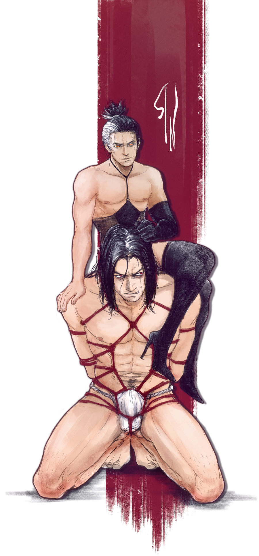 2boys alternate_costume angry annoyed arms_behind_back black_hair black_legwear bondage bondage boots bulge corset crossdressing facial_scar fromsoftware full_body fundoshi gay genichiro_ashina hair_grab hermitsghost high_heel_boots high_heels male male_only medium_hair red_eyes rope rope_bondage rope_harness sekiro sekiro:_shadows_die_twice single_glove sitting_on_person size_difference stubble thigh_boots tied_hair two_tone_hair yaoi