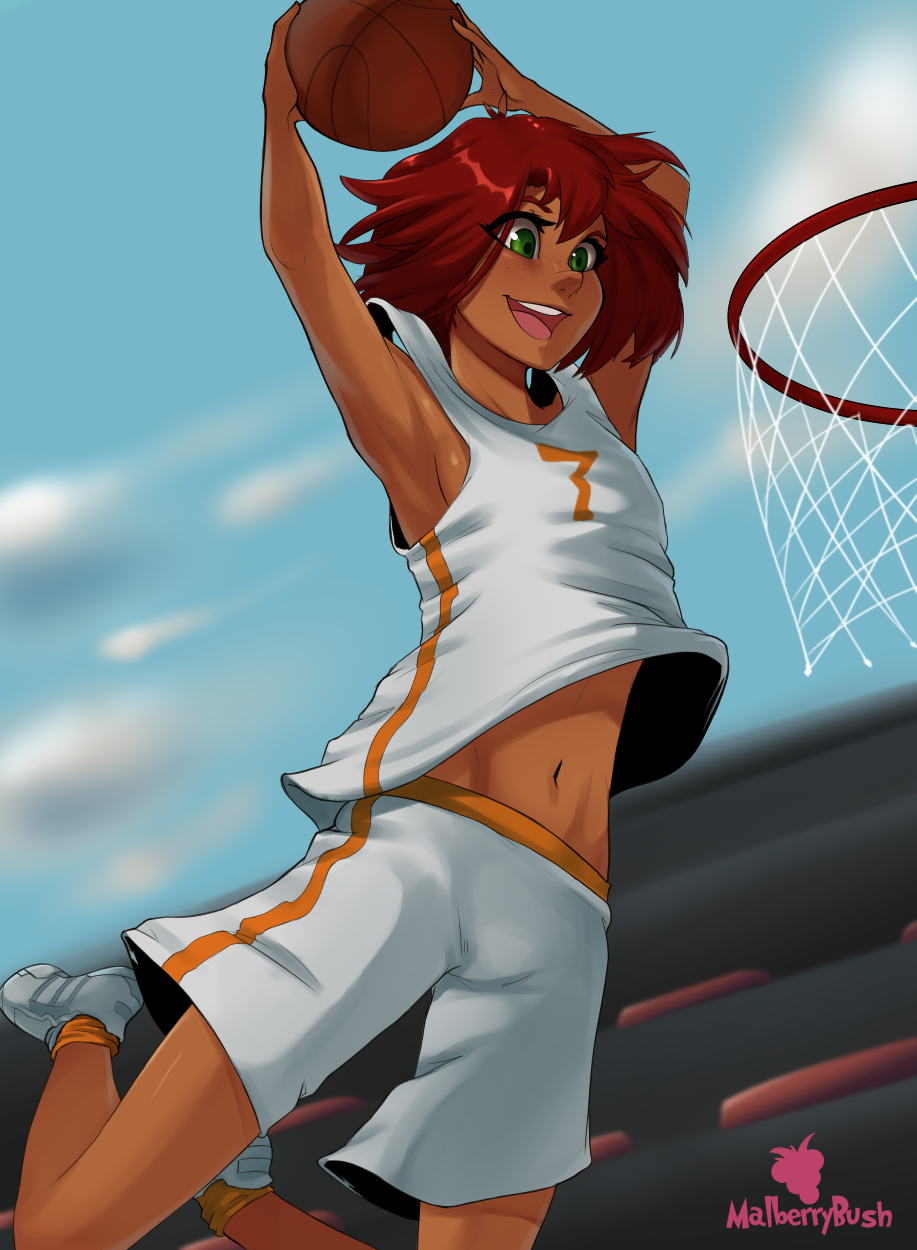 1girls action_pose artist_name basketball basketball_uniform belly_button bottomwear breasts clothed clothed_female clothes clothing dark-skinned_female dark_skin female female_only footwear freckles freckles_on_face front_view fully_clothed green_eyes hair happy human human_only legs long_hair mal_(malberrybush) malberrybush malyna mouth_open navel open_mouth original original_character peal_malyna ponytail red_hair shirt shoes shorts small_breasts smile smiling solo sport sports_uniform stomach tank_top teeth thighs topwear