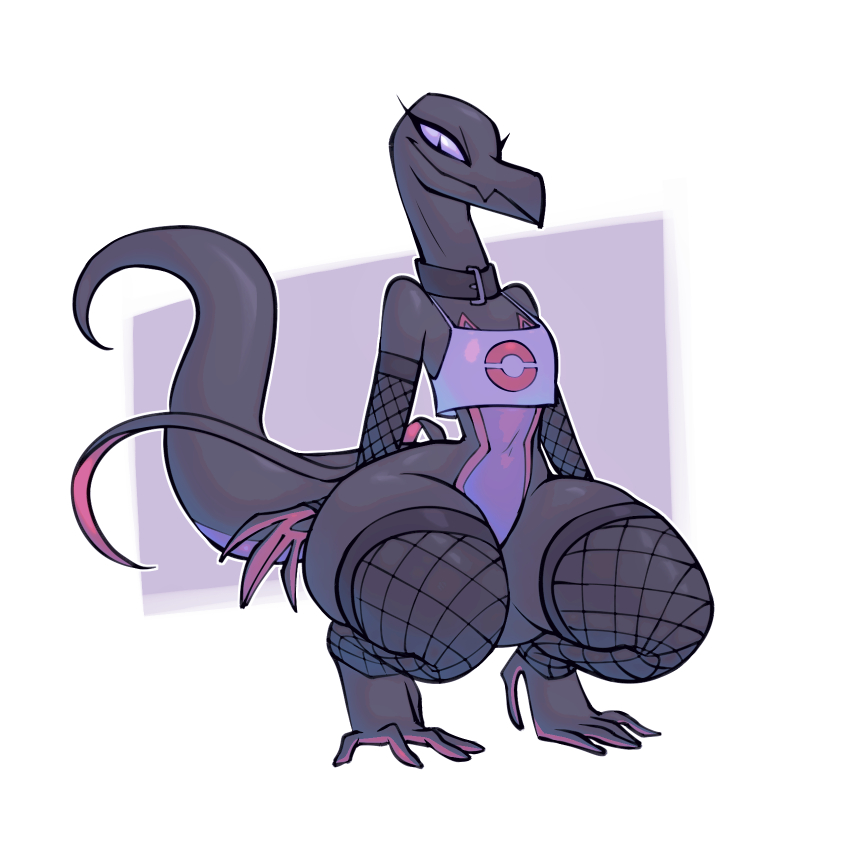 1girls, bigdad, breasts, darnact, female, nintendo, pokémon (species), pokemon, pokemon (species), purple background, salazzle, thick thighs, white background, wide hips
