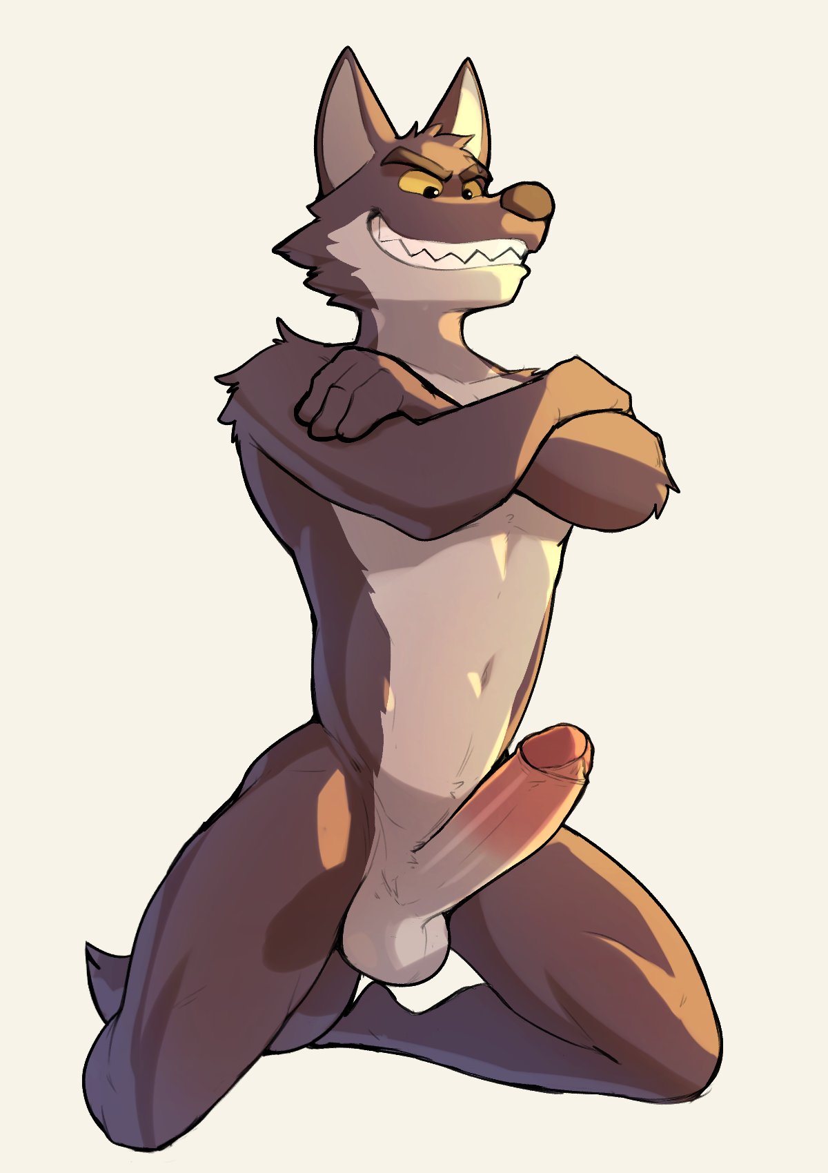 2023, anthro, balls, big penis, brown body, brown fur, canid, canine, canis, dreamworks, erection, fur, genitals, hi res, humanoid genitalia, humanoid penis, jrjresq, kneeling, looking away, male, male only, mammal, mr. wolf (the bad guys), penis, presenting, simple background, solo, the bad guys, wolf, yellow sclera