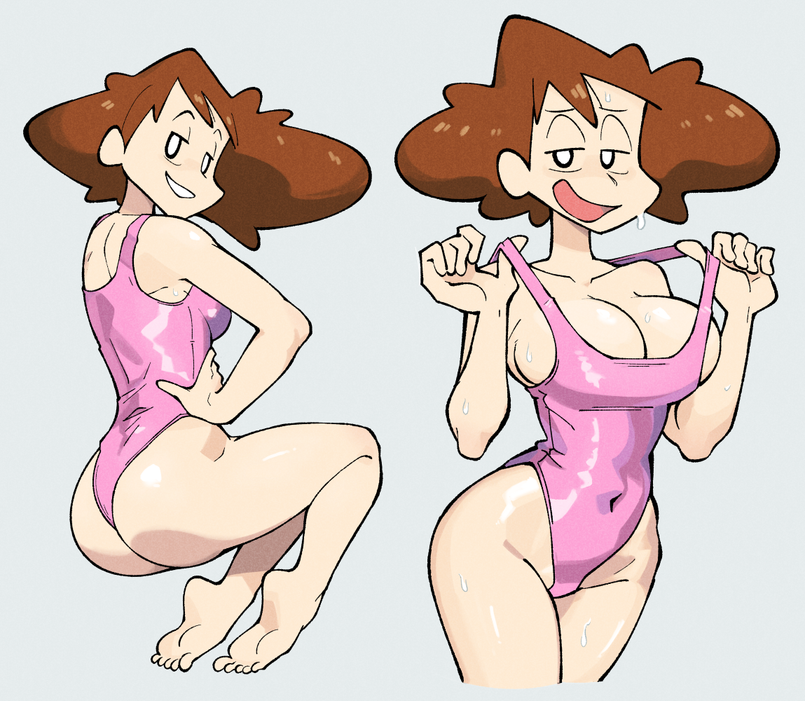 1girls, 2d, ass, big ass, big breasts, breasts, brown hair, bubble ass, bubble butt, busty, cleavage, color, covered navel, crayon shin-chan, female, female only, large breasts, leotard, milf, misae nohara, mob face, one-piece swimsuit, simple background, smile, stealth brock, sweaty, swimsuit pull, teasing, voluptuous