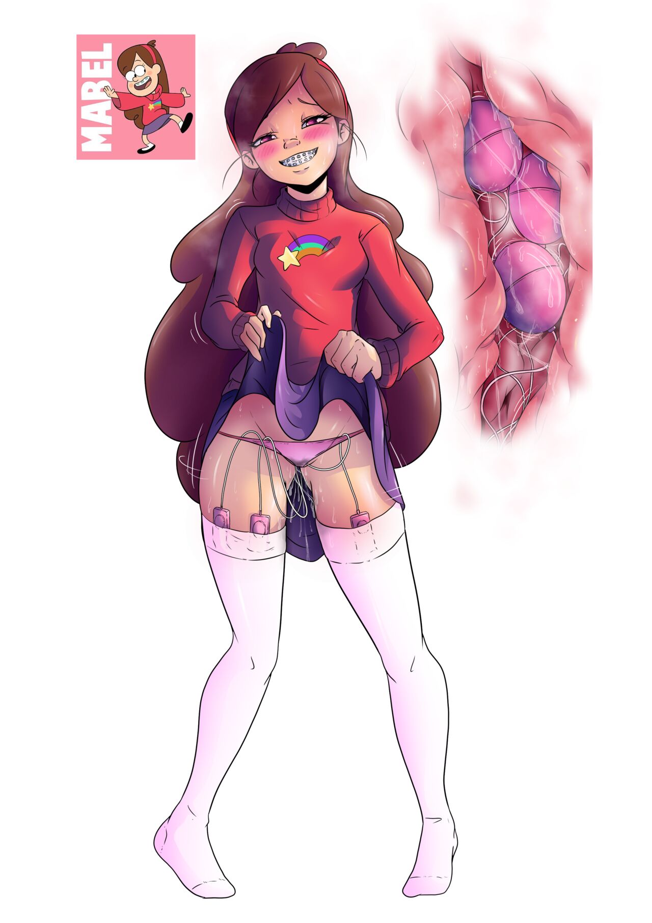 1girls, artist request, blush, braces, breasts, brown hair, clothed, disney, disney channel, disney xd, english text, female, gravity falls, headband, human, looking at viewer, mabel pines, movement lines, petite, pink eyes, pussy, pussy juice, sex toy, skirt lift, slim waist, small breasts, solo, source request, straight hair, sweat, sweater, text, thighhighs, trembling, vibrator, vibrator in pussy, vibrator under clothes, vibrator under panties, x-ray
