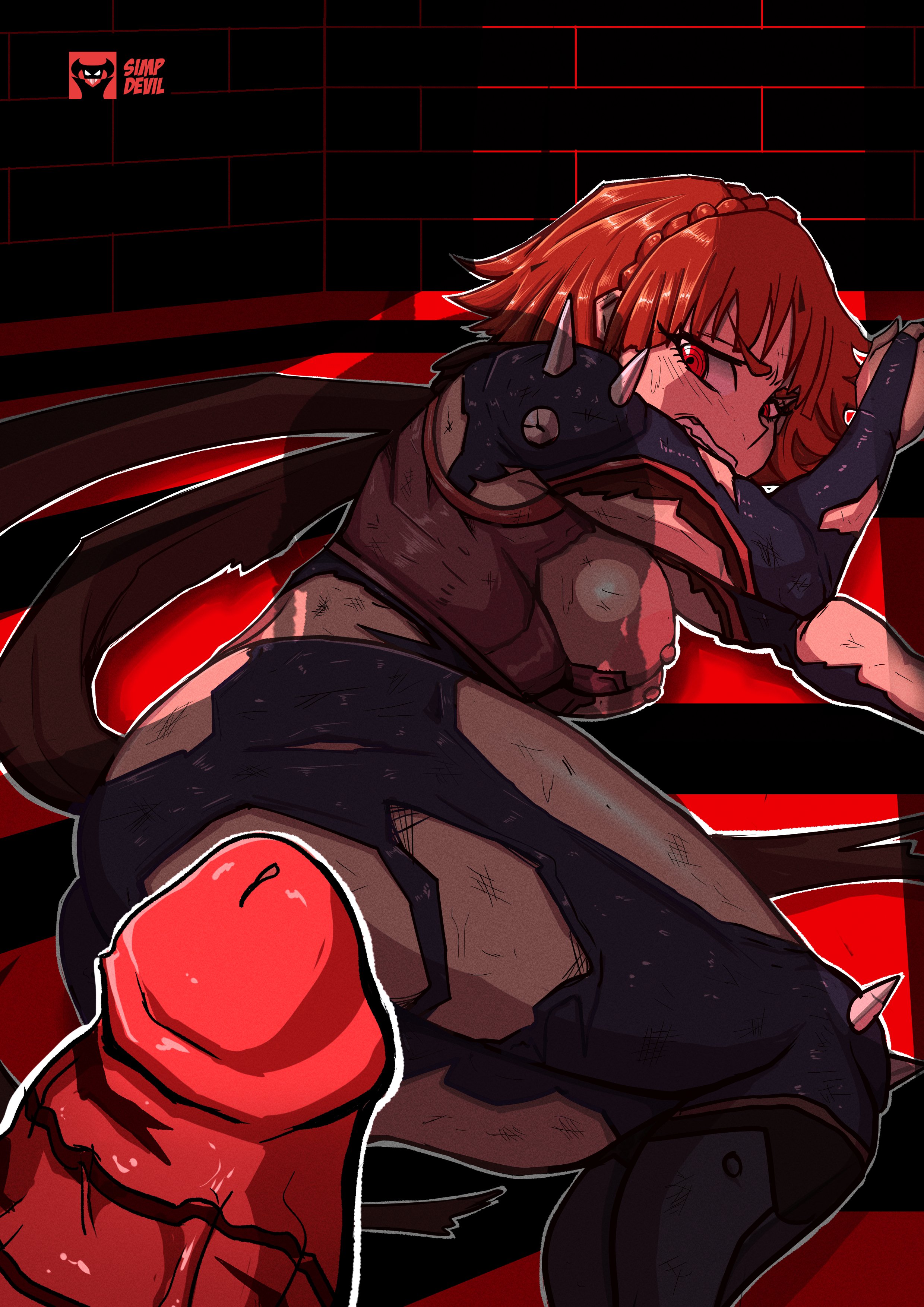 1boy, 1girls, 1monster, ass, atlus, bodysuit, braid, breasts, brown hair, clenched teeth, clothing, defeated, defeated heroine, dubious consent, female, human, imminent rape, looking at viewer, lying, lying on side, makoto niijima, makoto niijima (queen), male, medium breasts, monster, monster cock, monster on female, nipples, offscreen character, offscreen male, on side, oni, oni (megami tensei), pale skin, penis, persona, persona 5, phantom thief suit, rape, red eyes, red skin, scarf, sega, shadow, shadow (persona), short hair, simp devil, thighs, torn bodysuit, torn clothes