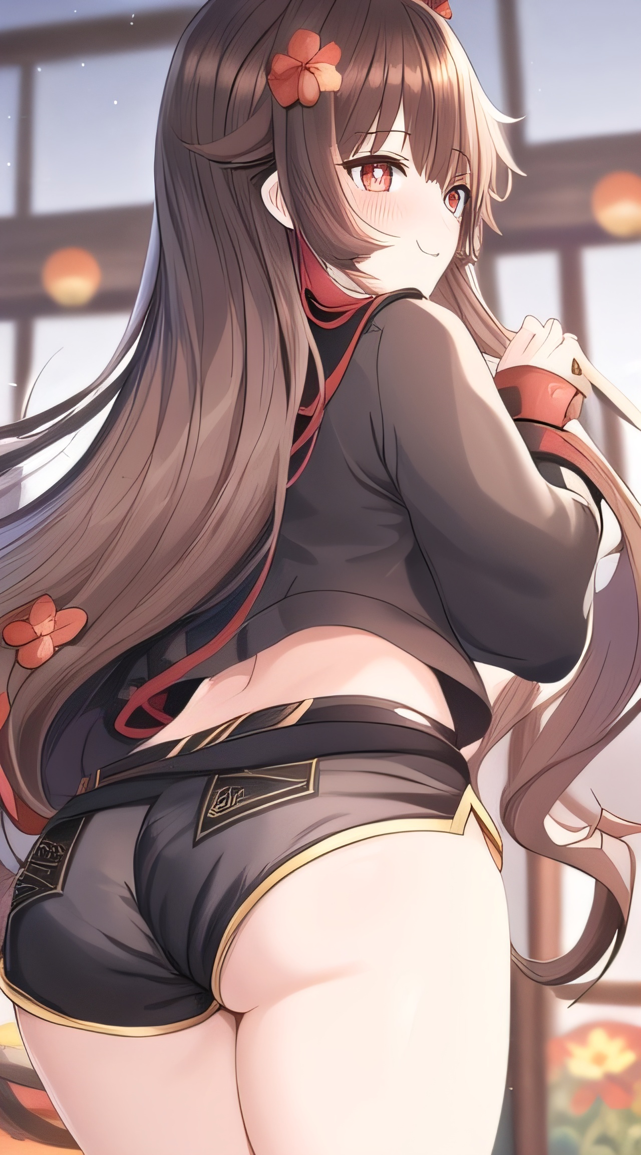 ai generated, ass, cute, female, from behind, genshin impact, hu tao (genshin impact), shorts, solo