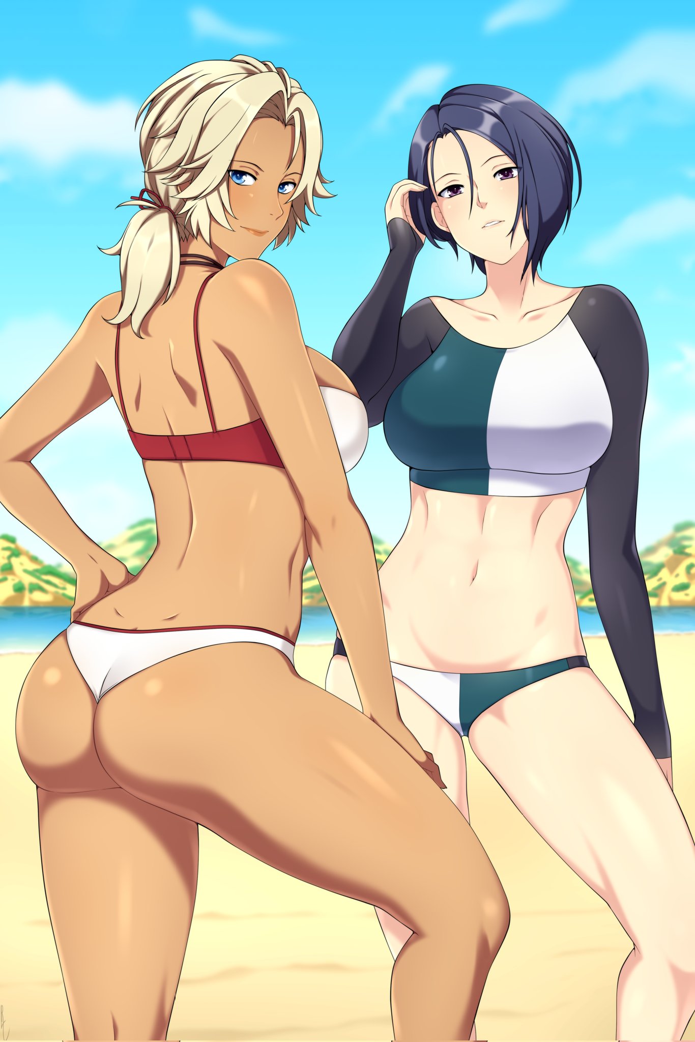 2girls, alternate costume, ass, asymmetrical hair, beach, big ass, bikini, blonde hair, blue eyes, blue sky, breasts, catherine (fire emblem), chocolate and vanilla, closed mouth, commission, dark skin, dark-skinned female, female, female only, fire emblem, fire emblem: three houses, hair tie, hand on own hip, highres, large breasts, lindaroze, long hair, long sleeves, looking at viewer, looking back, mature female, multiple females, multiple girls, navel, nintendo, open mouth, ponytail, purple eyes, shamir nevrand, short hair, sky, swimsuit, thighs, water, white bikini, white swimsuit