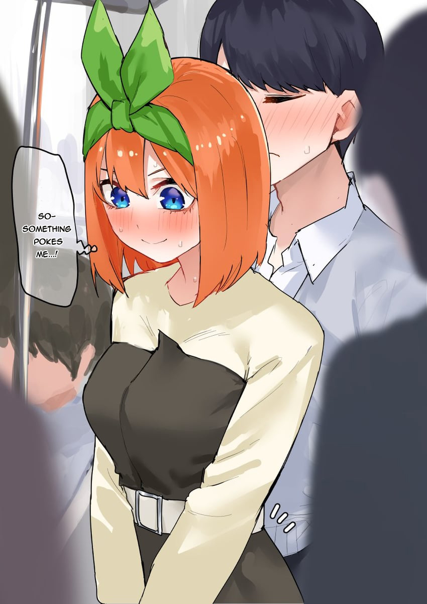 1boy, 1girls, amog, black hair, blurry, blush, breasts, casual, closed eyes, closed mouth, depth of field, embarrassed, female, frown, full-face blush, go-toubun no hanayome, green ribbons, hair between eyes, hair ribbon, hairband, male, nakano yotsuba, nervous smile, orange hair, sweat, uesugi fuutarou