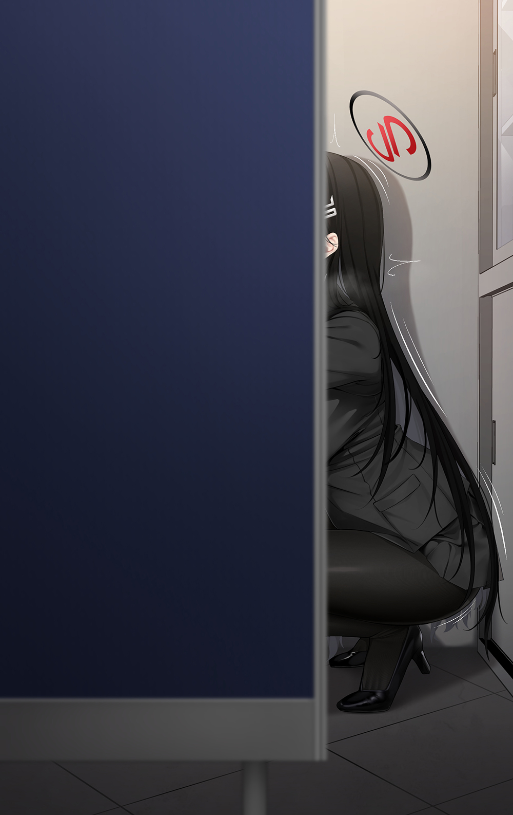 1boy, 1girls, black hair, black pantyhose, blue archive, boss, female, high heels, highres, implied fellatio, implied oral, jjanda, kneeing, kneeling oral position, long hair, male, office, office lady, pantyhose, rio (blue archive), secretary, skirt, squatting, stealth fellatio