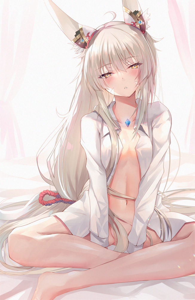 1girls bed breasts cat_ears catgirl core_crystal facial_markings grey_hair hinot inoue_takuya_(pixiv_99697) looking_at_viewer nia nia_(blade) nia_(xenoblade) nintendo open_shirt shirt sitting_on_bed small_breasts tired twintails white_shirt xenoblade_(series) xenoblade_chronicles_2 yellow_eyes