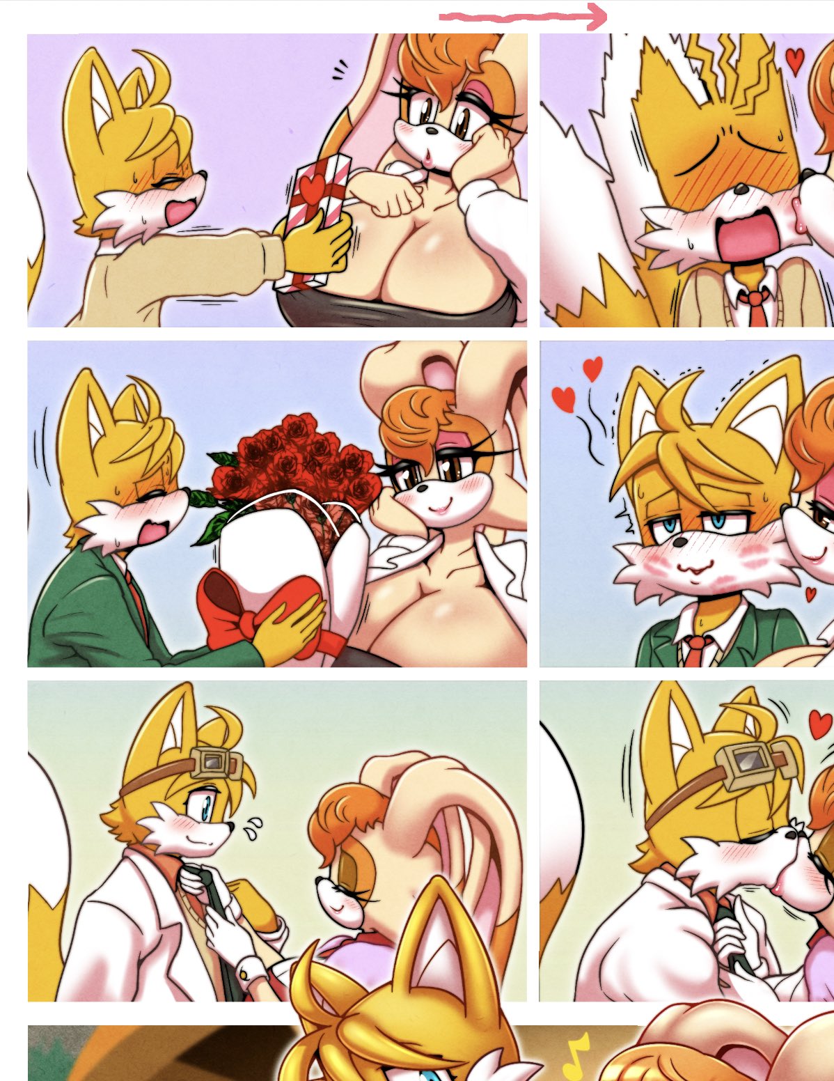 1boy, 1girls, age progression, breasts, cropped, female, fox, furry, heart, huge breasts, kissing, large breasts, lipstick, lipstick mark, male, michiyoshi, miles prower, milf, mother, older female, older female and younger male, rabbit, sega, sonic (series), sonic the hedgehog (series), tagme, tails, tails the fox, vanilla the rabbit, wholesome, younger male