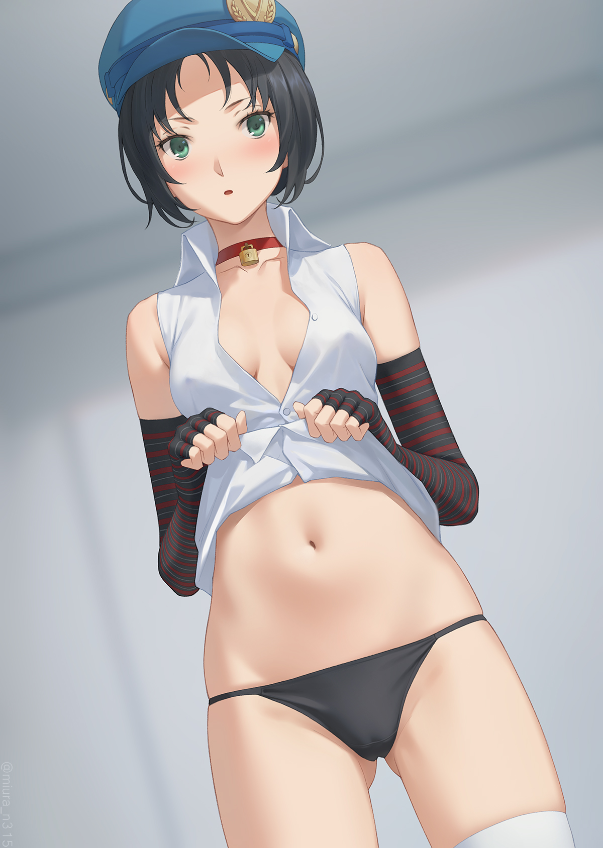 1girls, belly, black panties, blue hat, blue headwear, breasts, brown hair, cameltoe, choker, clothes lift, covered erect nipples, elbow gloves, female, gloves, green eyes, hat, looking at viewer, marie (persona 4), midriff, miura-n315, navel, nipple bulge, nipples visible through clothing, no bra, padlocked collar, panties, persona, persona 4, persona 4 the golden, pussy, shirt, shirt lift, short hair, sleeveless, sleeveless shirt, striped, striped gloves, thigh gap, thighhighs, underwear, undressing
