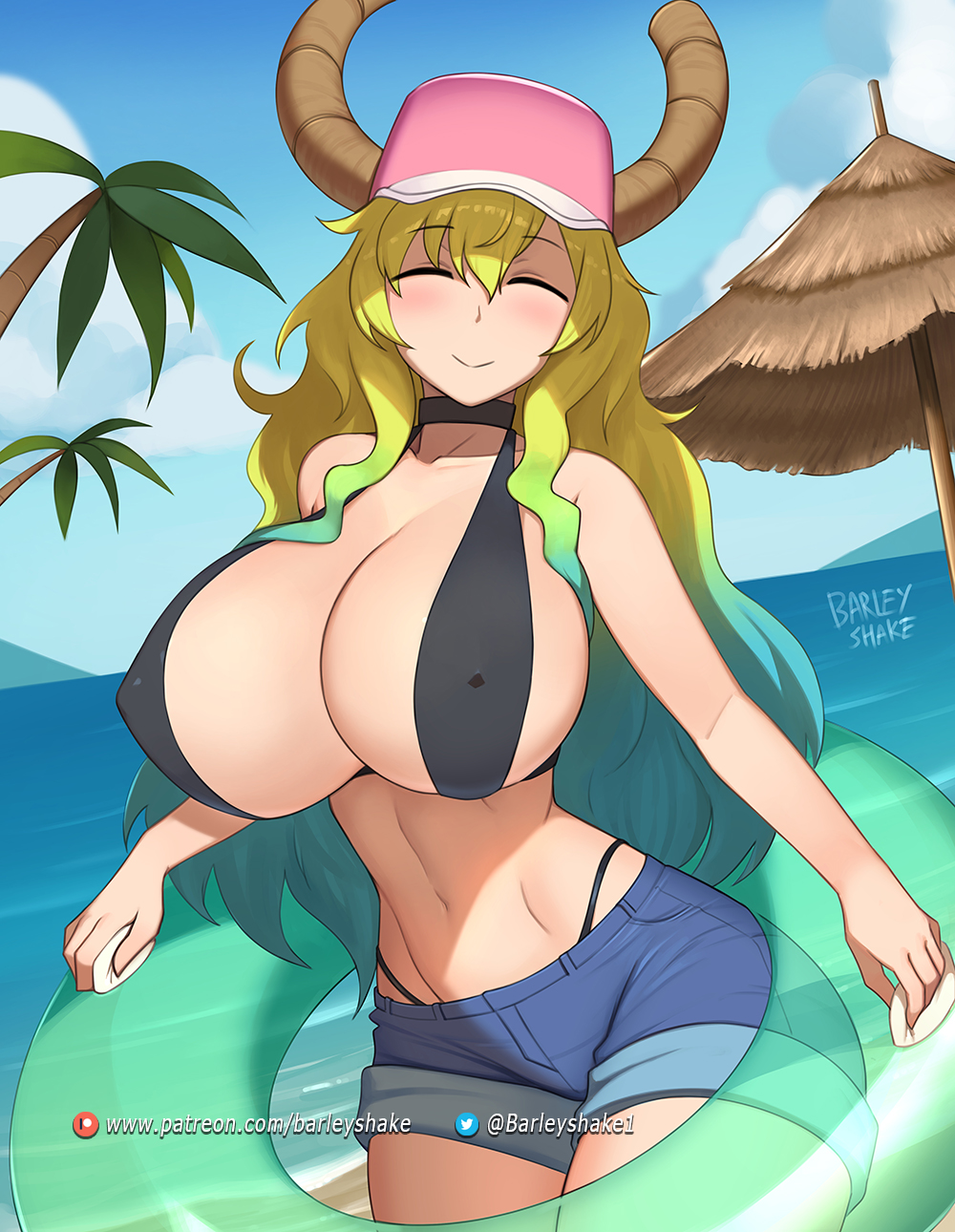 1girls, barleyshake, beach, big breasts, breasts, denim shorts, female, innertube, large breasts, lucoa, lucoa (maidragon), miss kobayashi's dragon maid, multicolored hair, outdoors, quetzalcoatl (dragon maid), shorts, solo, tagme, water