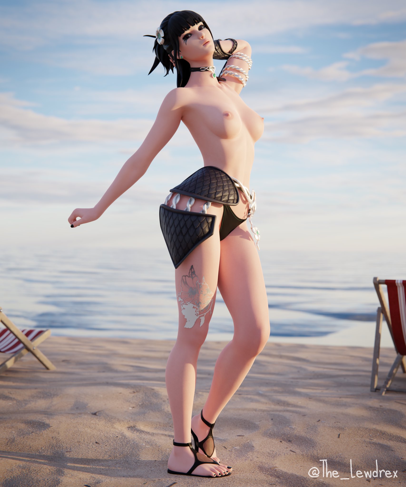 1girls, 3d, areolae, beach, beach chair, black hair, blender, bottomwear, breasts, chair, charlotte (fortnite), clothing, clouds, ear piercing, earrings, face markings, facial markings, female, female only, flower, flower in hair, fortnite, half naked, half-dressed, hands behind head, highres, leg tattoo, lewdrex, light skin, light-skinned female, looking at viewer, multicolored hair, necklace, nipples, no bra, nude, nude female, outdoors, outside, panties, partially clothed, pose, posing, presenting, presenting breasts, sand, sandals, sky, slayer charlotte (fortnite), small breasts, solo, standing, tattoo, thong, thong bikini, thong panties, topless, two-tone hair, underwear, watermark
