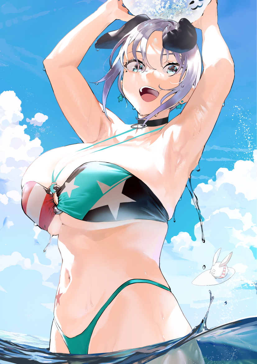 :d animal_ears armpits arms_up bikini black_choker blue_eyes blue_sky breasts choker cloud day dog_ears female holding iku_(ikuchan_kaoru) ikuchan_kaoru_(character) indie_virtual_youtuber large_breasts looking_at_viewer navel o-ring o-ring_bikini o-ring_top ocean open_mouth original partially_submerged sky smile solo star_(symbol) star_print swimsuit teeth upper_teeth_only virtual_youtuber wet